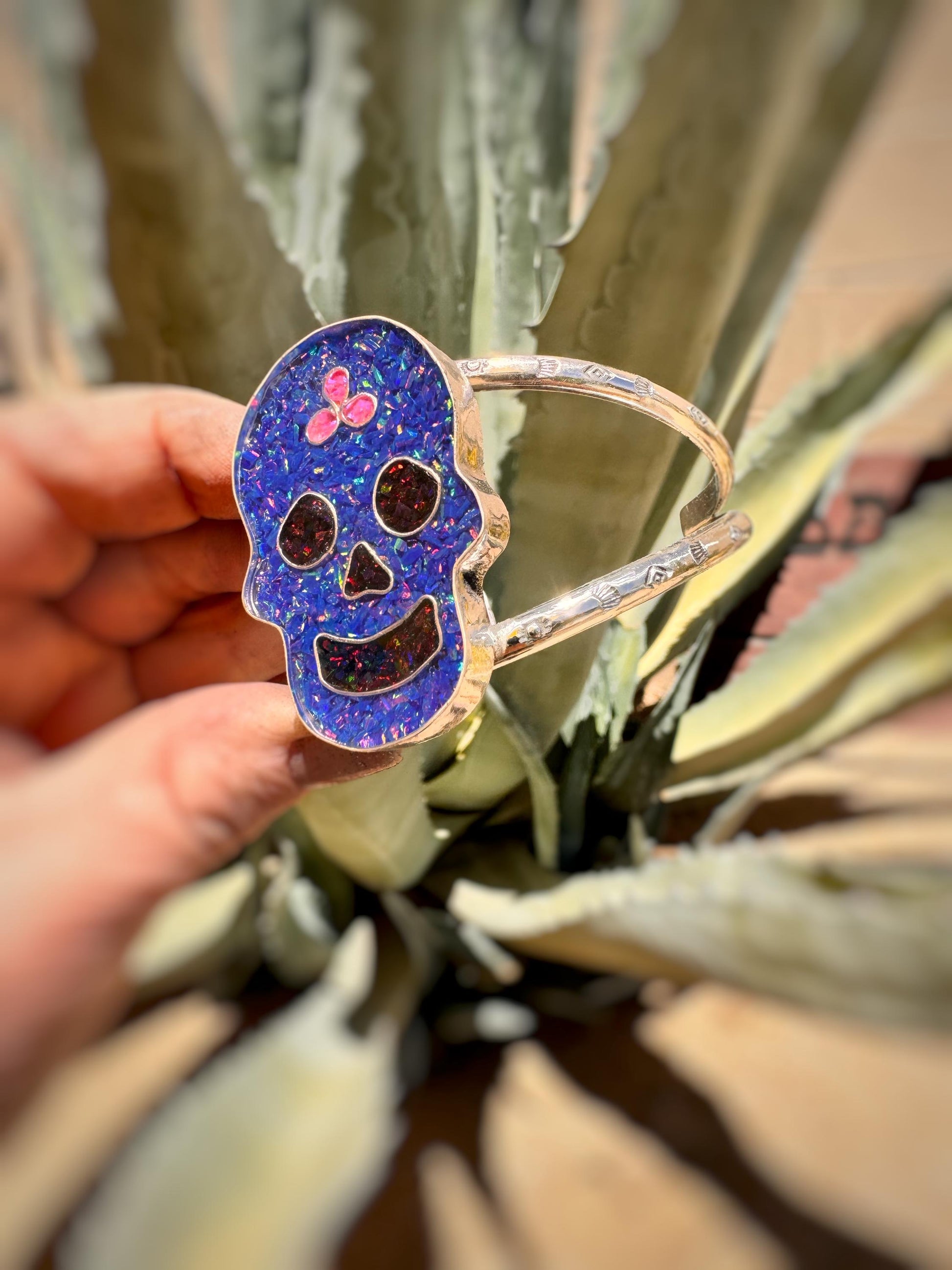 Sugar Skull Inspired Statement, Bracelet Desert Style, Boho Chic, Boho, Inlay Jewelry, Dia De Los Muertos, Crushed Opal, Silver Bracelet