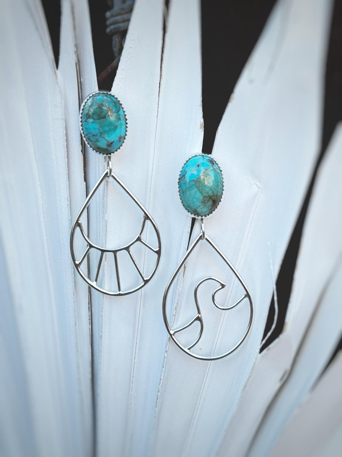 Turquoise Earrings, Sterling Silver Earrings - Ocean Inspired, Gift for Her, Wave, Silver Dangle Earrings, Celestial, Sun