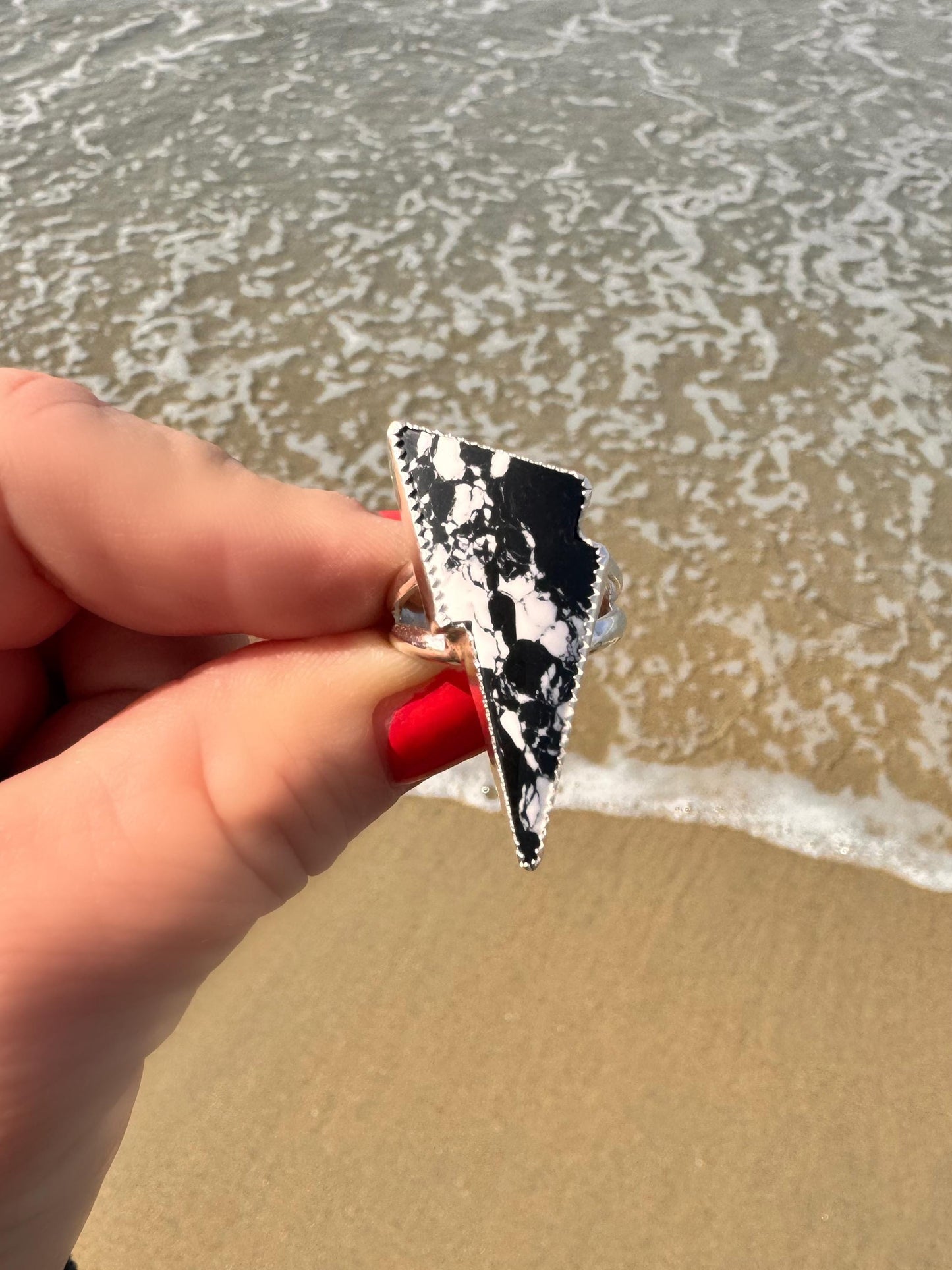 White Buffalo Turquoise, Sterling Silver, One-of-a-Kind, Rock n Roll, Boho, Lightning Bolt, Western, Coastal Ring