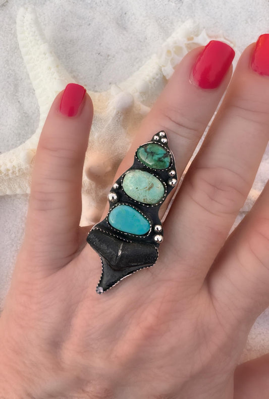 FINISHED TO SIZE Turquoise and Fossilized Shark Tooth, Sterling Silver, One-of-a-Kind Boho Western Coastal Ring Pendant - Ring or Pendant.