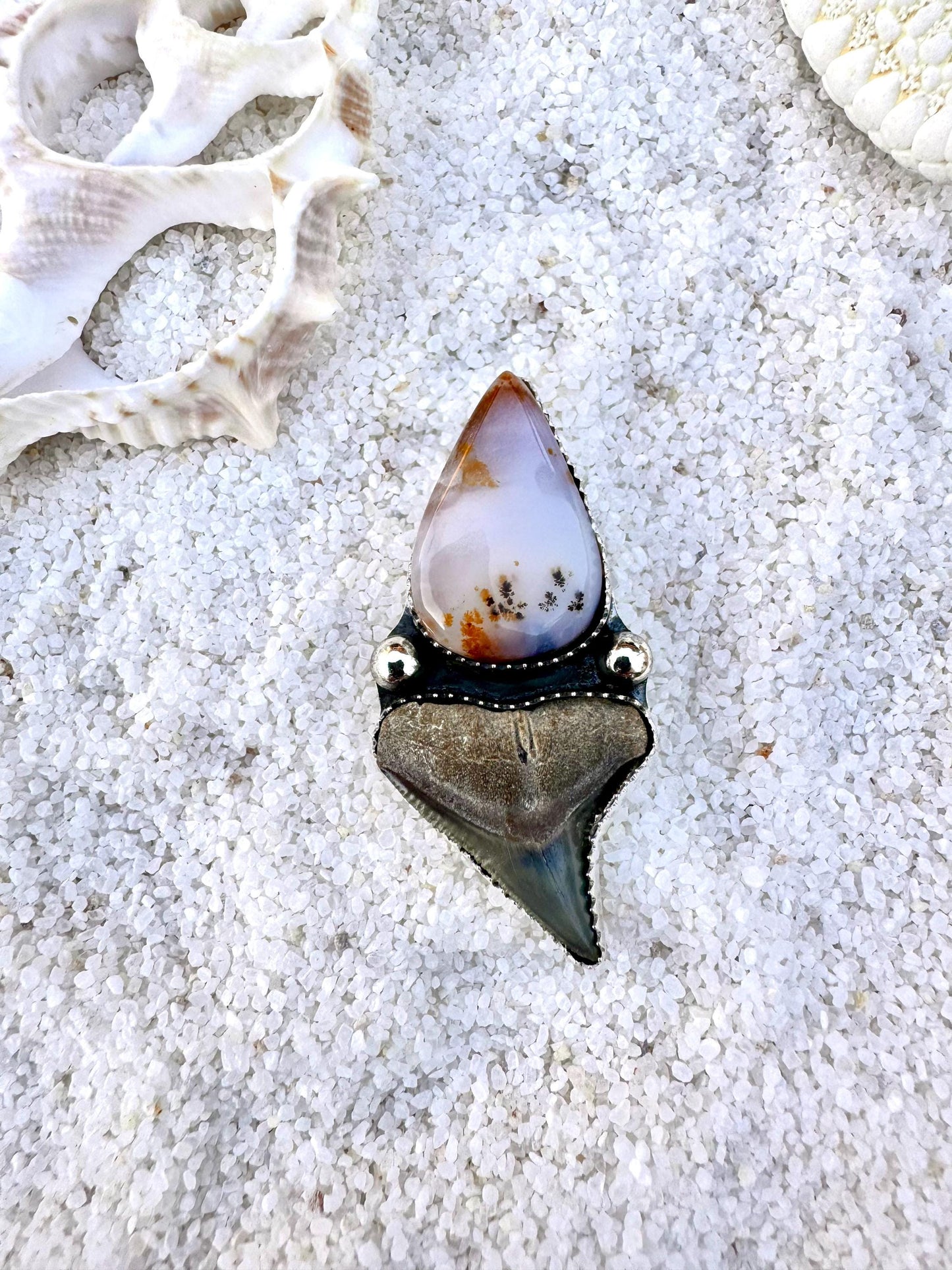 FINISHED TO SIZE Moss Agate and Fossilized Shark Tooth, Sterling Silver, One-of-a-Kind Boho Western Coastal Ring Pendant - Ring or Pendant.