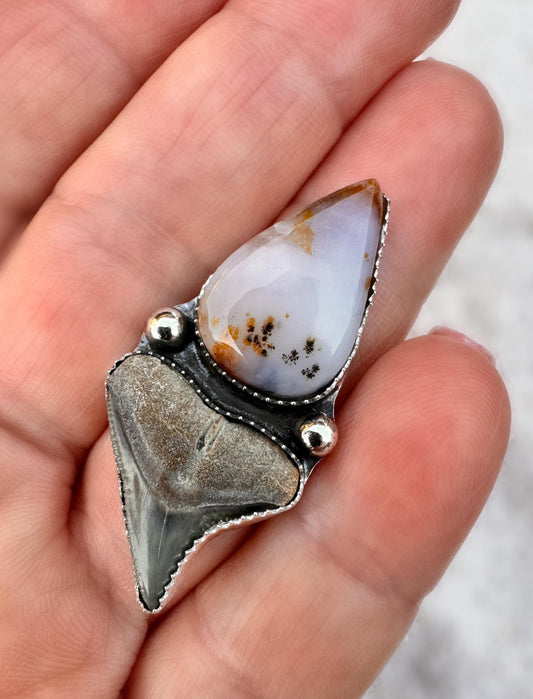 FINISHED TO SIZE Moss Agate and Fossilized Shark Tooth, Sterling Silver, One-of-a-Kind Boho Western Coastal Ring Pendant - Ring or Pendant.