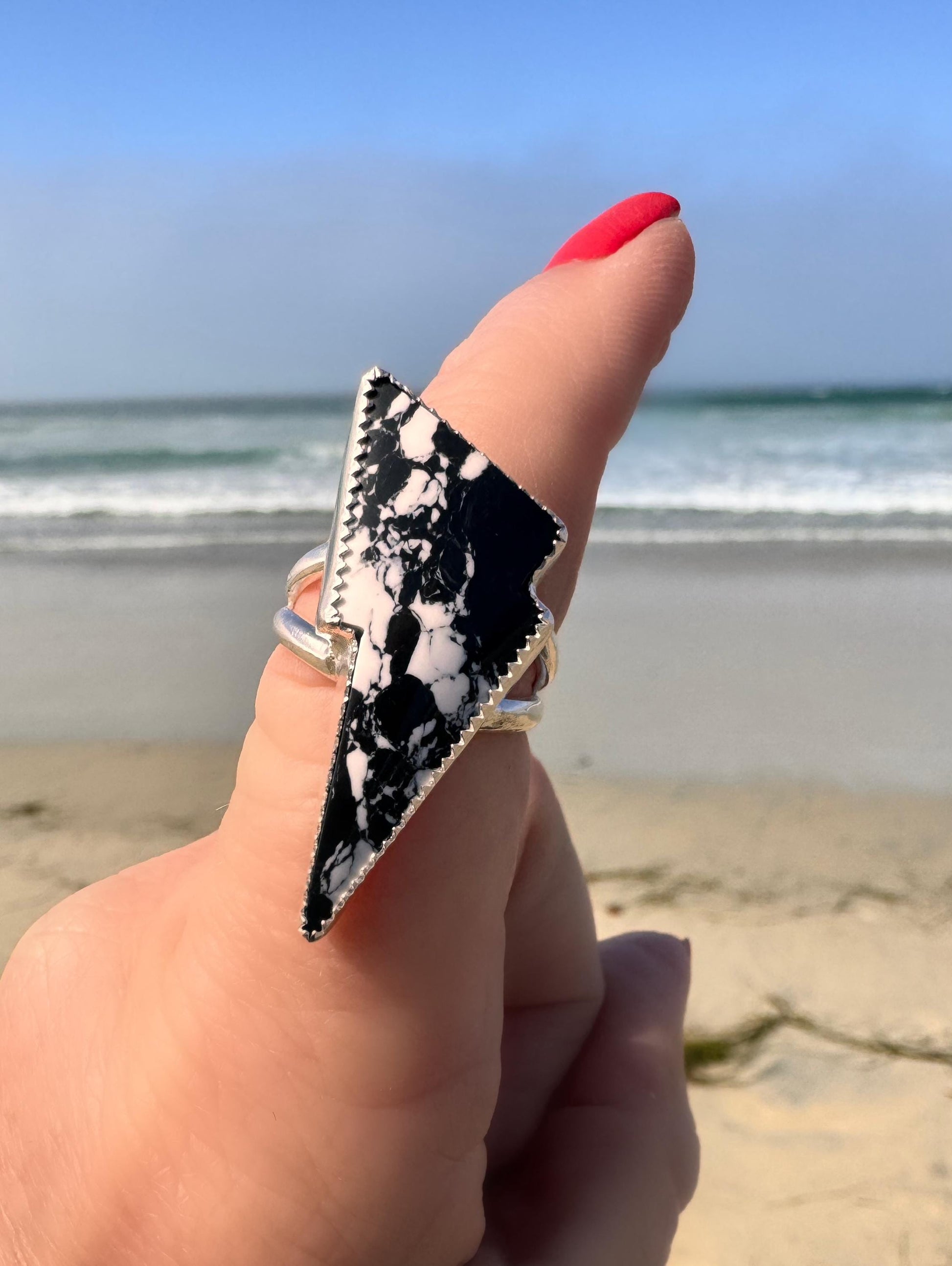 White Buffalo Turquoise, Sterling Silver, One-of-a-Kind, Rock n Roll, Boho, Lightning Bolt, Western, Coastal Ring