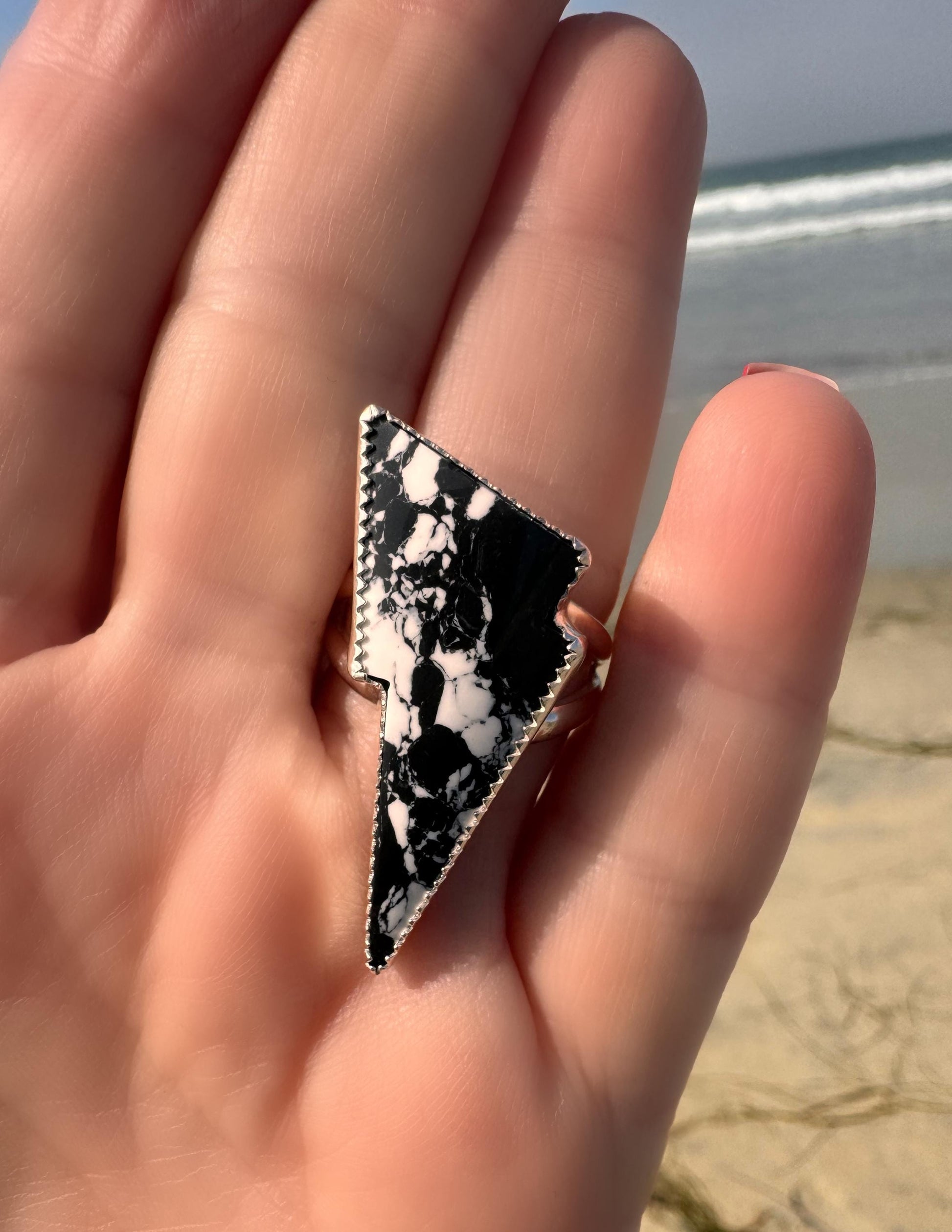 White Buffalo Turquoise, Sterling Silver, One-of-a-Kind, Rock n Roll, Boho, Lightning Bolt, Western, Coastal Ring