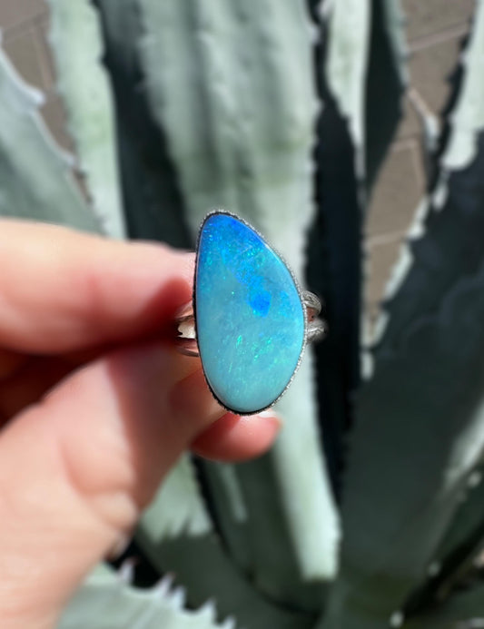 Solace Australian Opal Doublet Ring | Large Sterling Silver Customizable Jewelry | Handcrafted Minimalist Statement Ring or Pendant