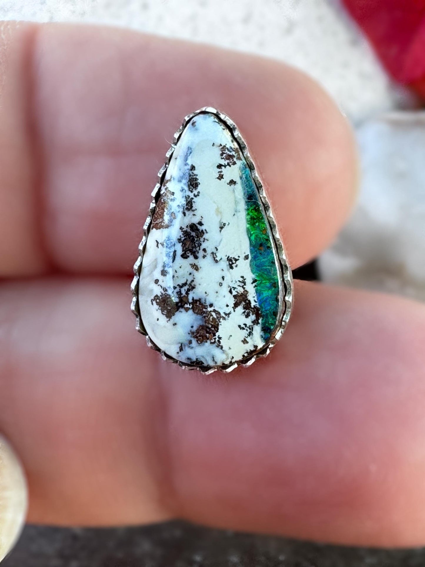 Eden Boulder Dainty Opal Ring | Sterling Silver Minimalist Jewelry | Unique Handcrafted Ring with Flashy Green Opal