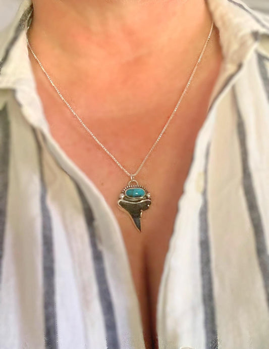 Fossil Shark Tooth & Bisbee Turquoise Necklace – Handcrafted Silver Pendant on 20” Box Chain