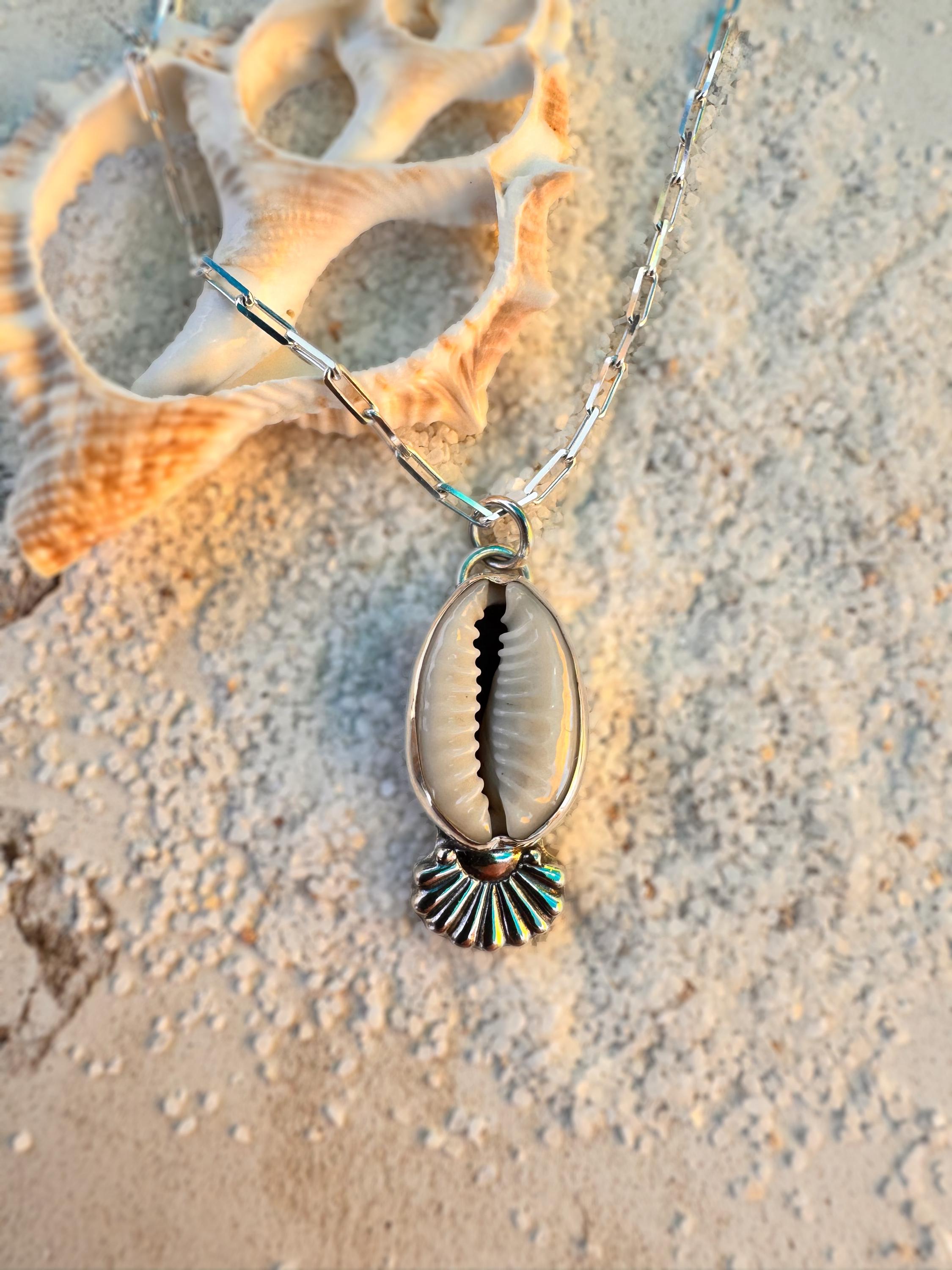 Cowrie Shell Handmade Sterling Pendant with Silver Sun Accent | 18” Sterling Paperclip Chain