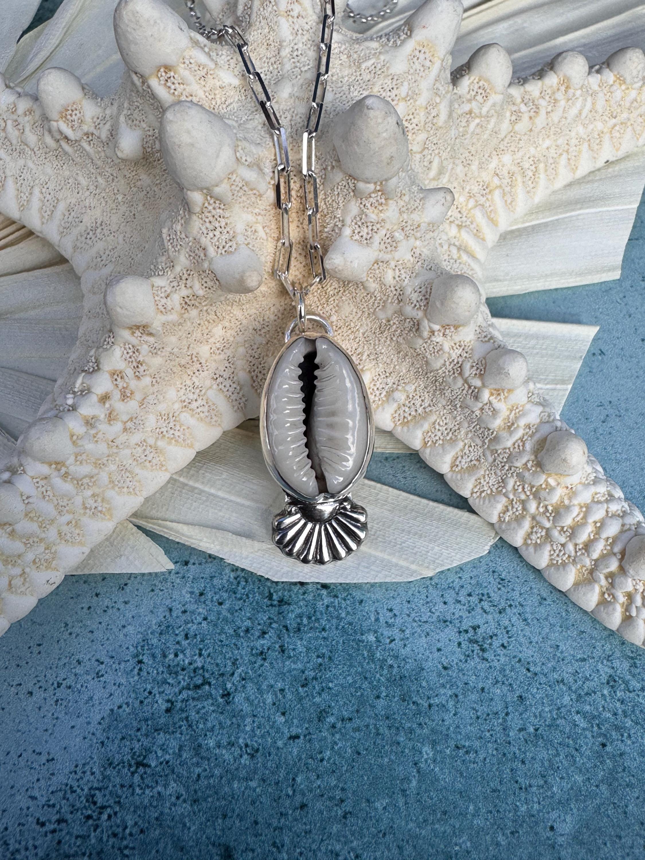 Cowrie Shell Handmade Sterling Pendant with Silver Sun Accent | 18” Sterling Paperclip Chain