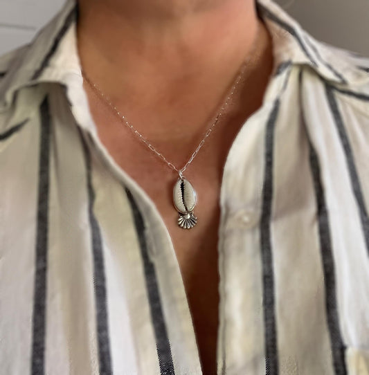 Cowrie Shell Handmade Sterling Pendant with Silver Sun Accent | 18” Sterling Paperclip Chain