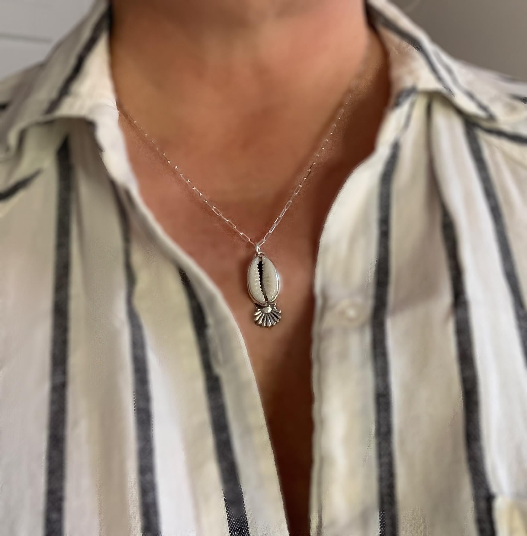 Cowrie Shell Handmade Sterling Pendant with Silver Sun Accent | 18” Sterling Paperclip Chain