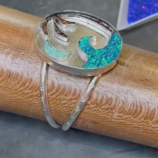 Ocean Inspired Statement, Waves Cuff, Coastal Style, Beach Inspired, Coastal Chic, Boho, Crushed Opal Jewelry, Moon Bracelet, Sterling
