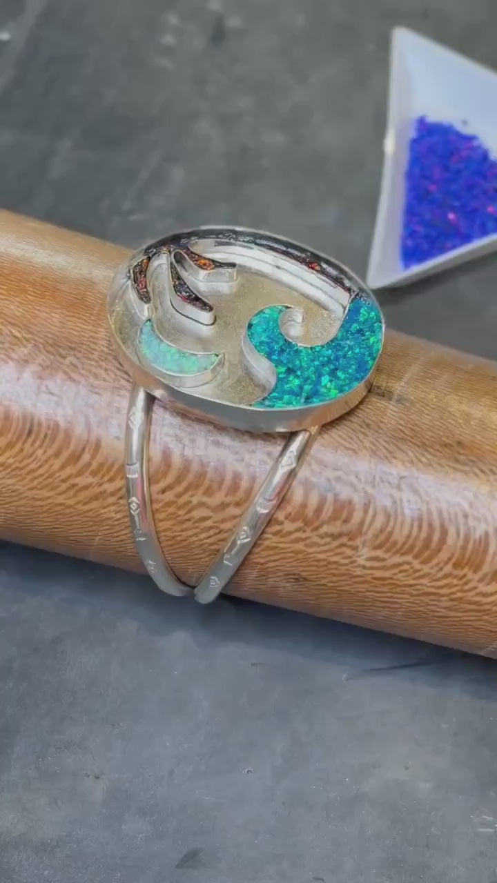 Ocean Inspired Statement, Waves Cuff, Coastal Style, Beach Inspired, Coastal Chic, Boho, Crushed Opal Jewelry, Moon Bracelet, Sterling