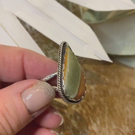 One-of-a-Kind Desert Jasper Ring in Fine and Sterling Silver - Size 6.5 Handcrafted, Stamped, Split Shank Band, Boho Cowgirl, Western, OOAK