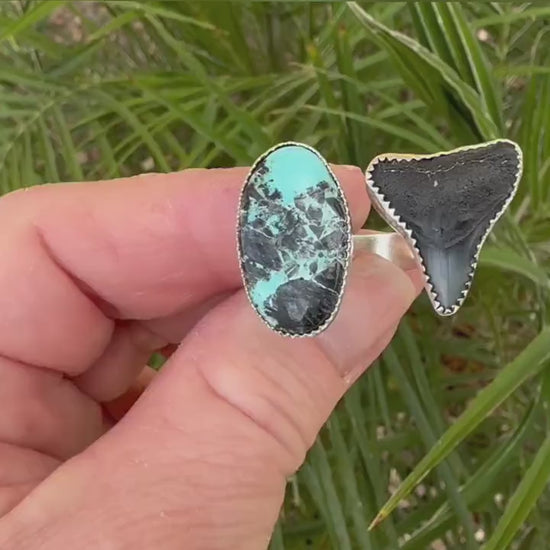 Blue Kingman Turquoise Ring, Shark Tooth and Turquoise Open Ring, Handmade, 925 Silver Ring Sz 9.25 Trending Now, Blue Turquoise, Boho Beach