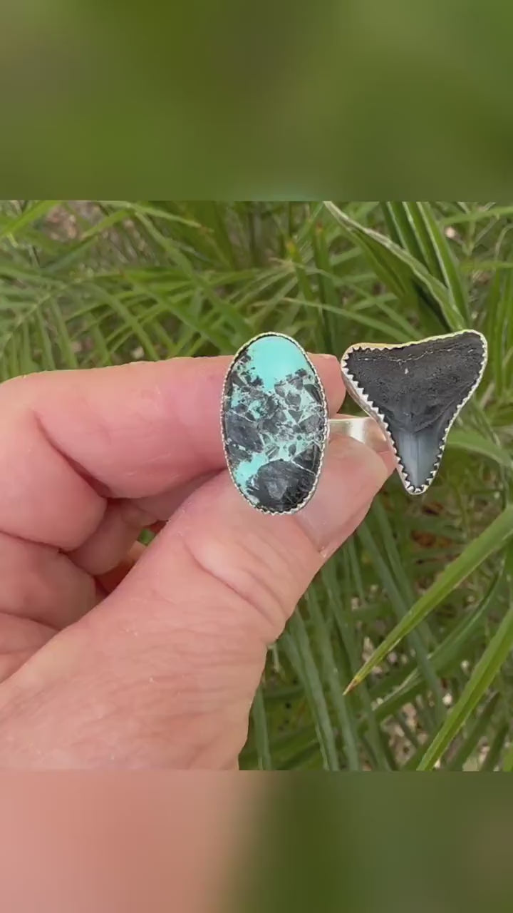 Blue Kingman Turquoise Ring, Shark Tooth and Turquoise Open Ring, Handmade, 925 Silver Ring Sz 9.25 Trending Now, Blue Turquoise, Boho Beach