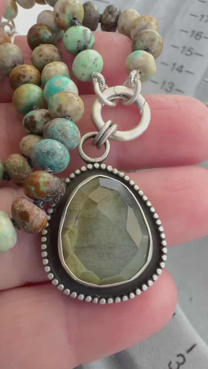 Close up of the labradorite stone flashing at different angles.