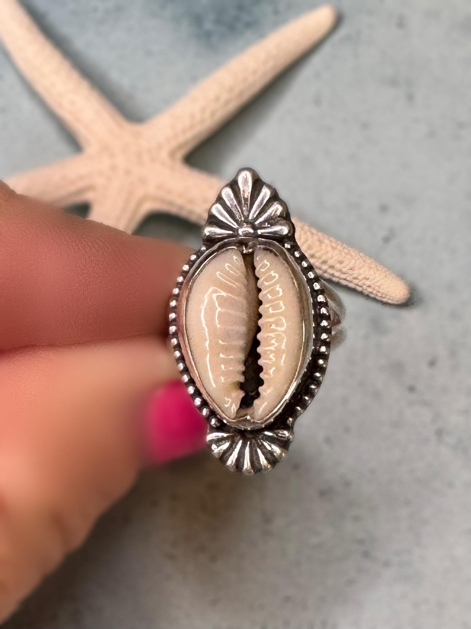 Cowrie Shell Statement Ring | Sterling Silver | Coastal Talisman Jewelry | Size 5.25 OOAK Ring | Ocean Goddess Ring