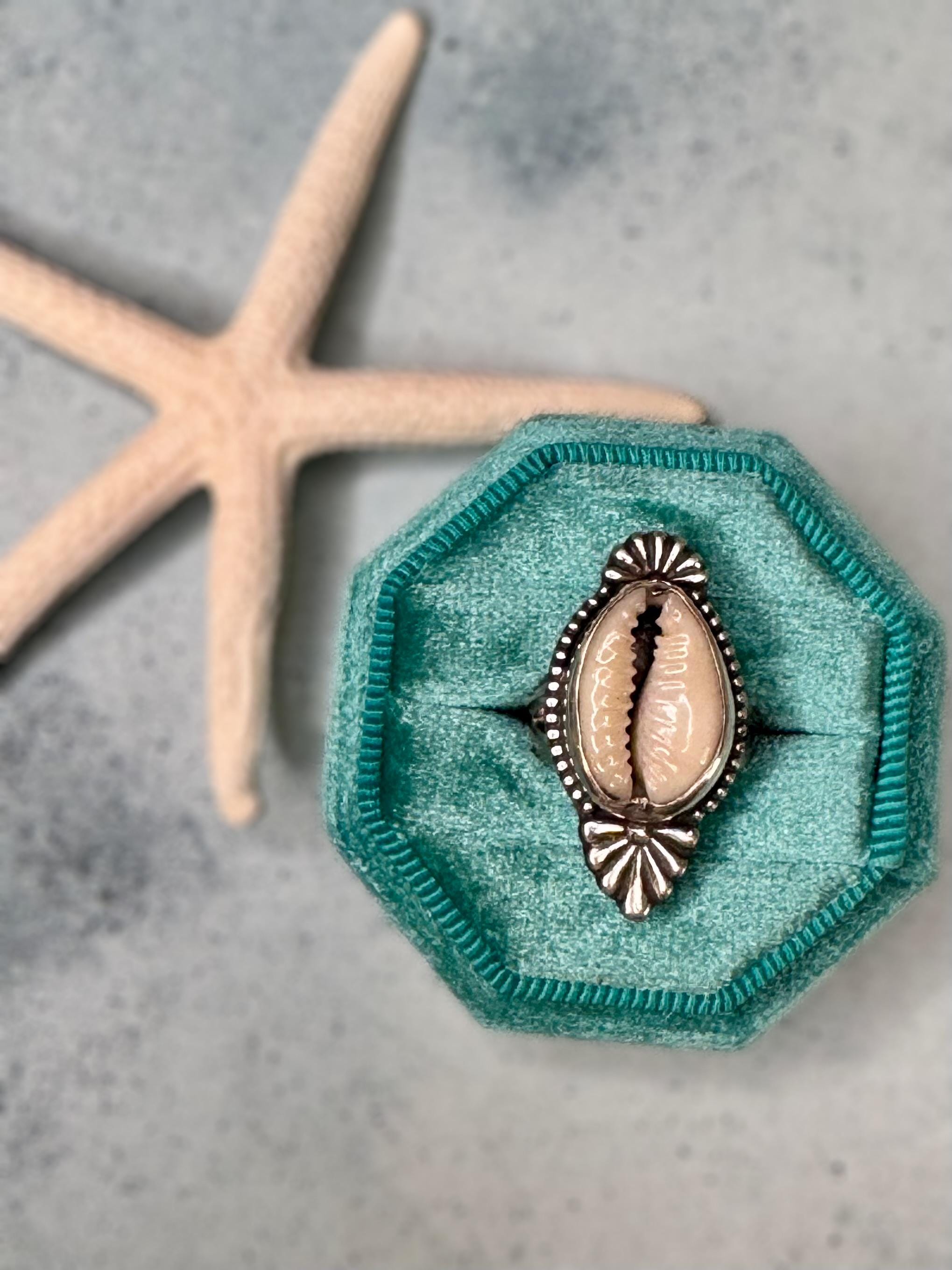 Cowrie Shell Statement Ring | Sterling Silver | Coastal Talisman Jewelry | Size 5.25 OOAK Ring | Ocean Goddess Ring