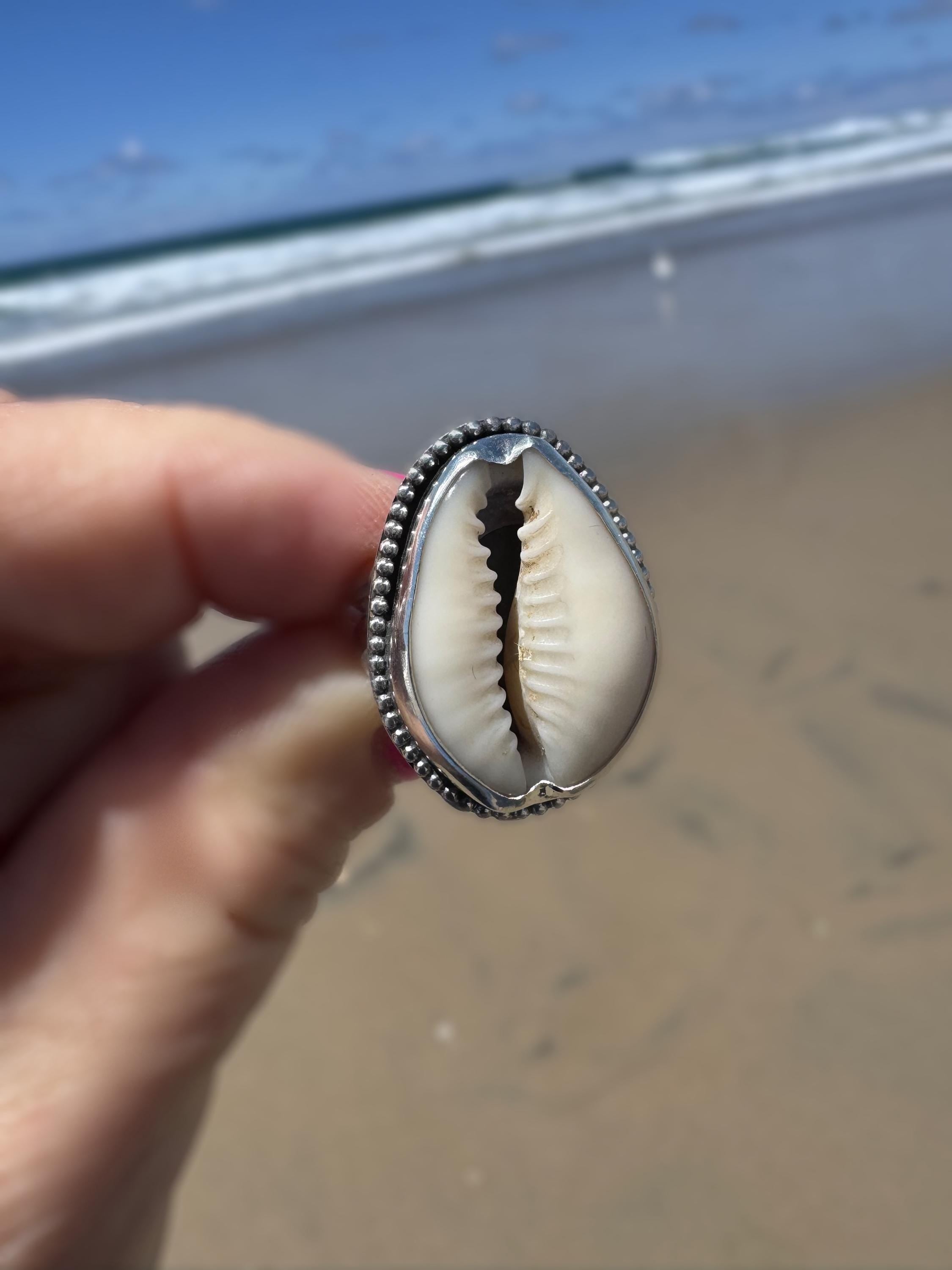 Cowrie Shell Statement Ring | Sterling Silver | Coastal Talisman Jewelry | Size 6 OOAK Ring | Ocean Goddess Ring