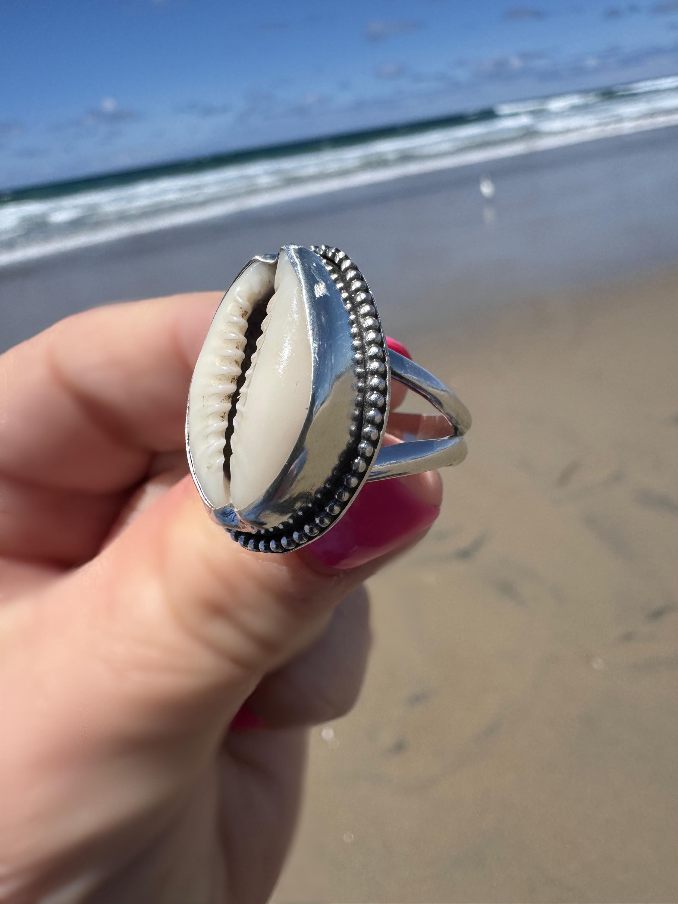 Cowrie Shell Statement Ring | Sterling Silver | Coastal Talisman Jewelry | Size 6 OOAK Ring | Ocean Goddess Ring