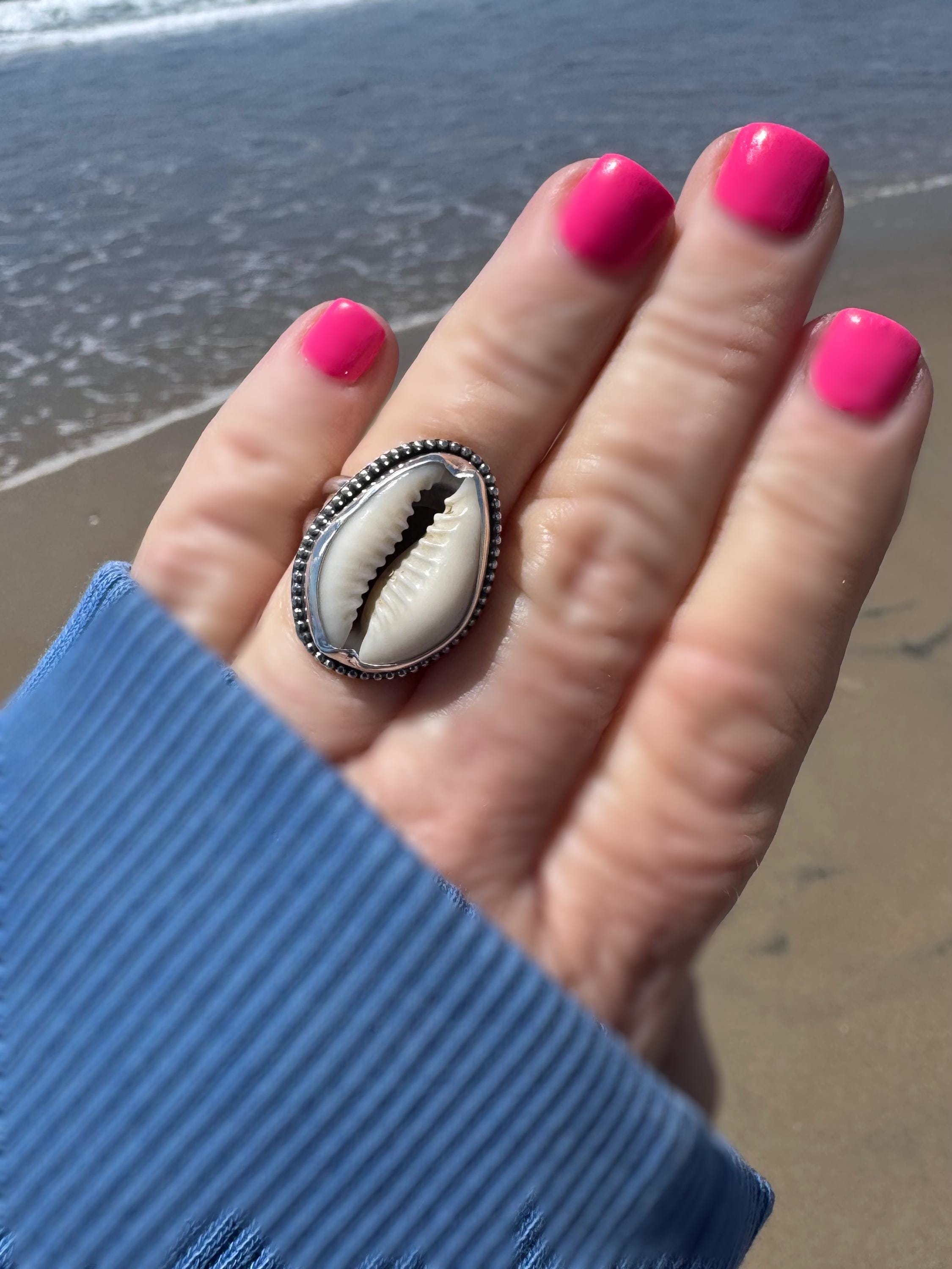 Cowrie Shell Statement Ring | Sterling Silver | Coastal Talisman Jewelry | Size 6 OOAK Ring | Ocean Goddess Ring