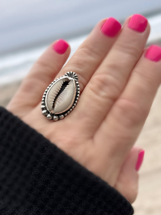 Cowrie Shell Statement Ring | Sterling Silver | Coastal Talisman Jewelry | Size 7 OOAK Ring | Ocean Goddess Ring