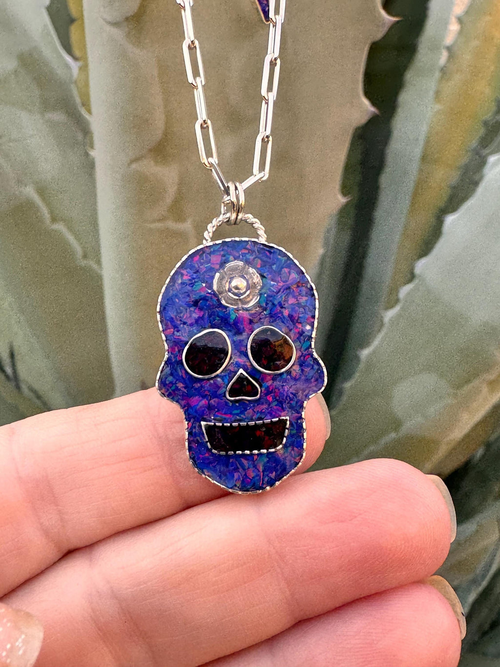Crushed Opal Inlay Sugar Skull Necklace, Sterling Silver Jewelry- Boho Cowgirl, Boho Style, Rocker Pendant, Handmade, OOAK, Bold Necklace