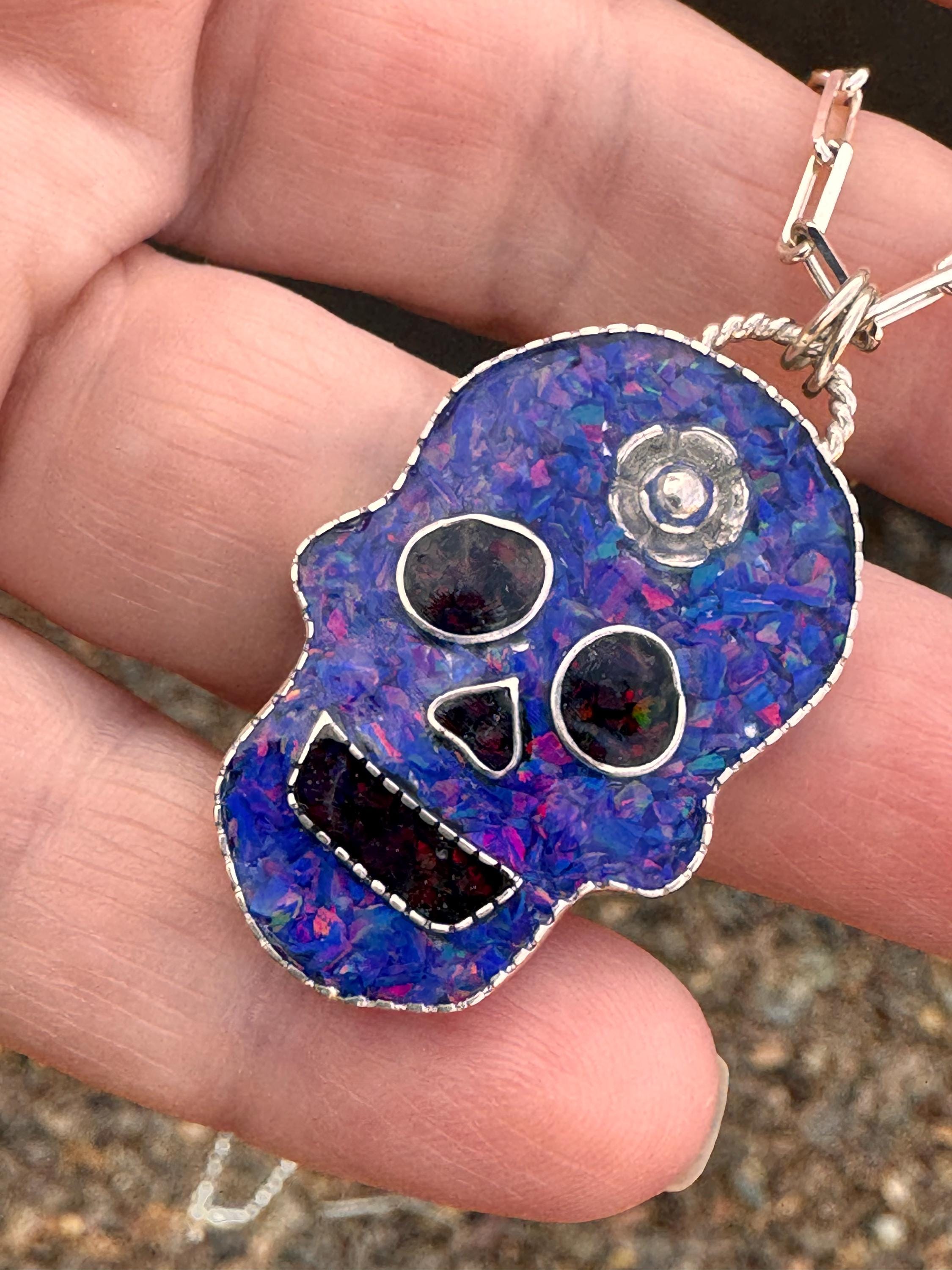 Crushed Opal Inlay Sugar Skull Necklace, Sterling Silver Jewelry- Boho Cowgirl, Boho Style, Rocker Pendant, Handmade, OOAK, Bold Necklace