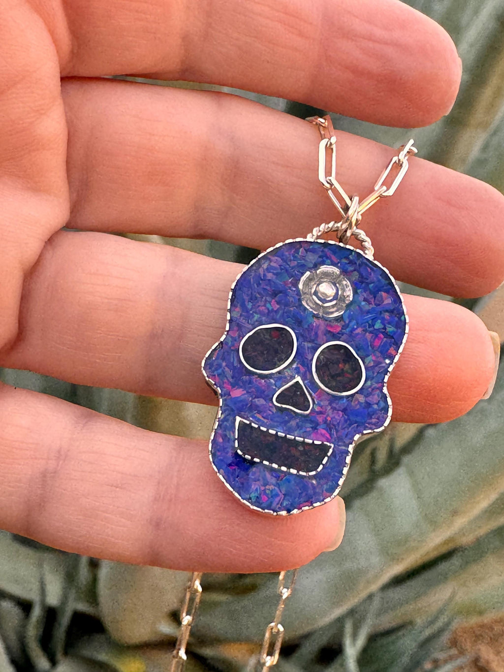 Crushed Opal Inlay Sugar Skull Necklace, Sterling Silver Jewelry- Boho Cowgirl, Boho Style, Rocker Pendant, Handmade, OOAK, Bold Necklace