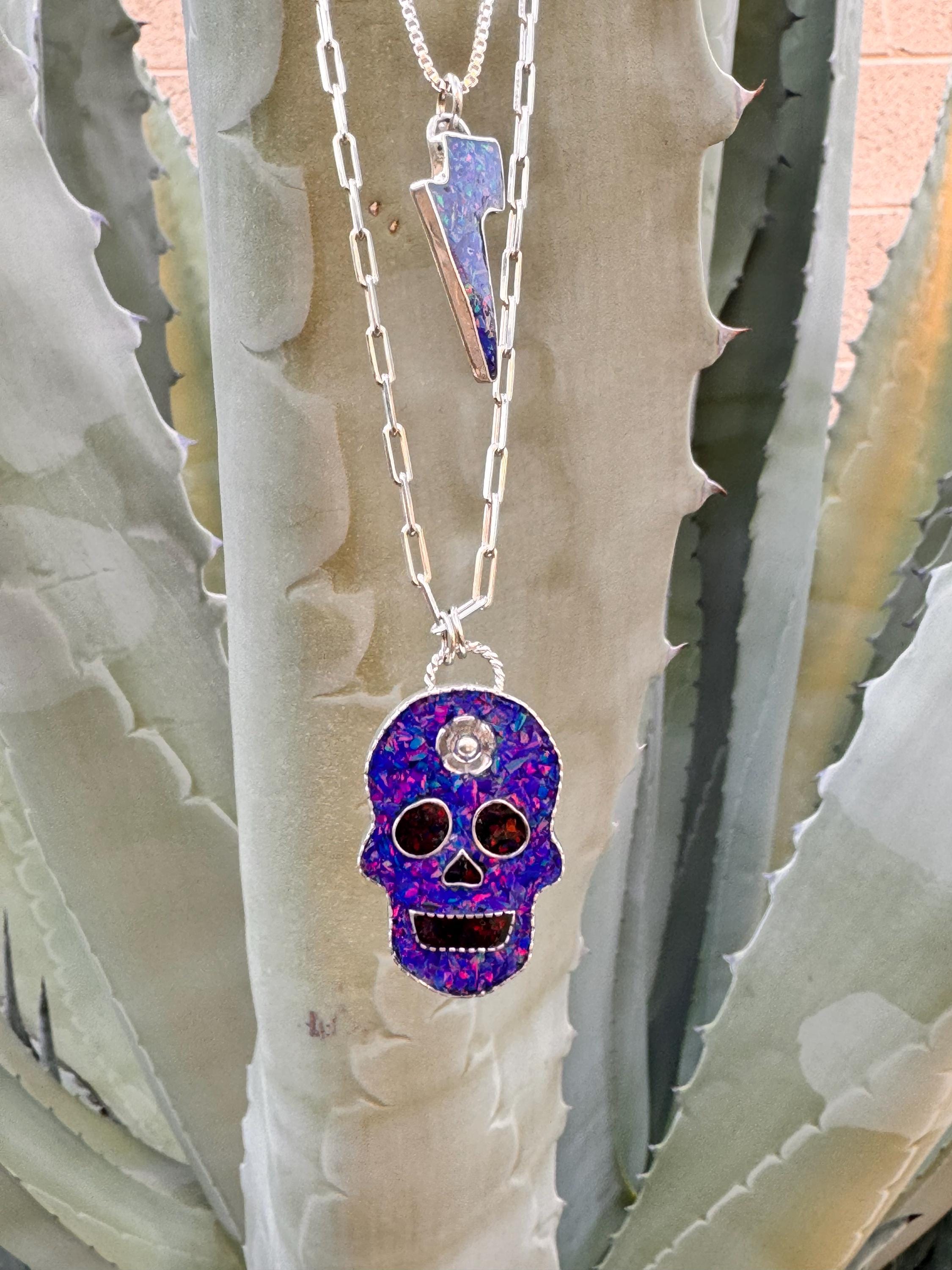 Crushed Opal Inlay Sugar Skull Necklace, Sterling Silver Jewelry- Boho Cowgirl, Boho Style, Rocker Pendant, Handmade, OOAK, Bold Necklace