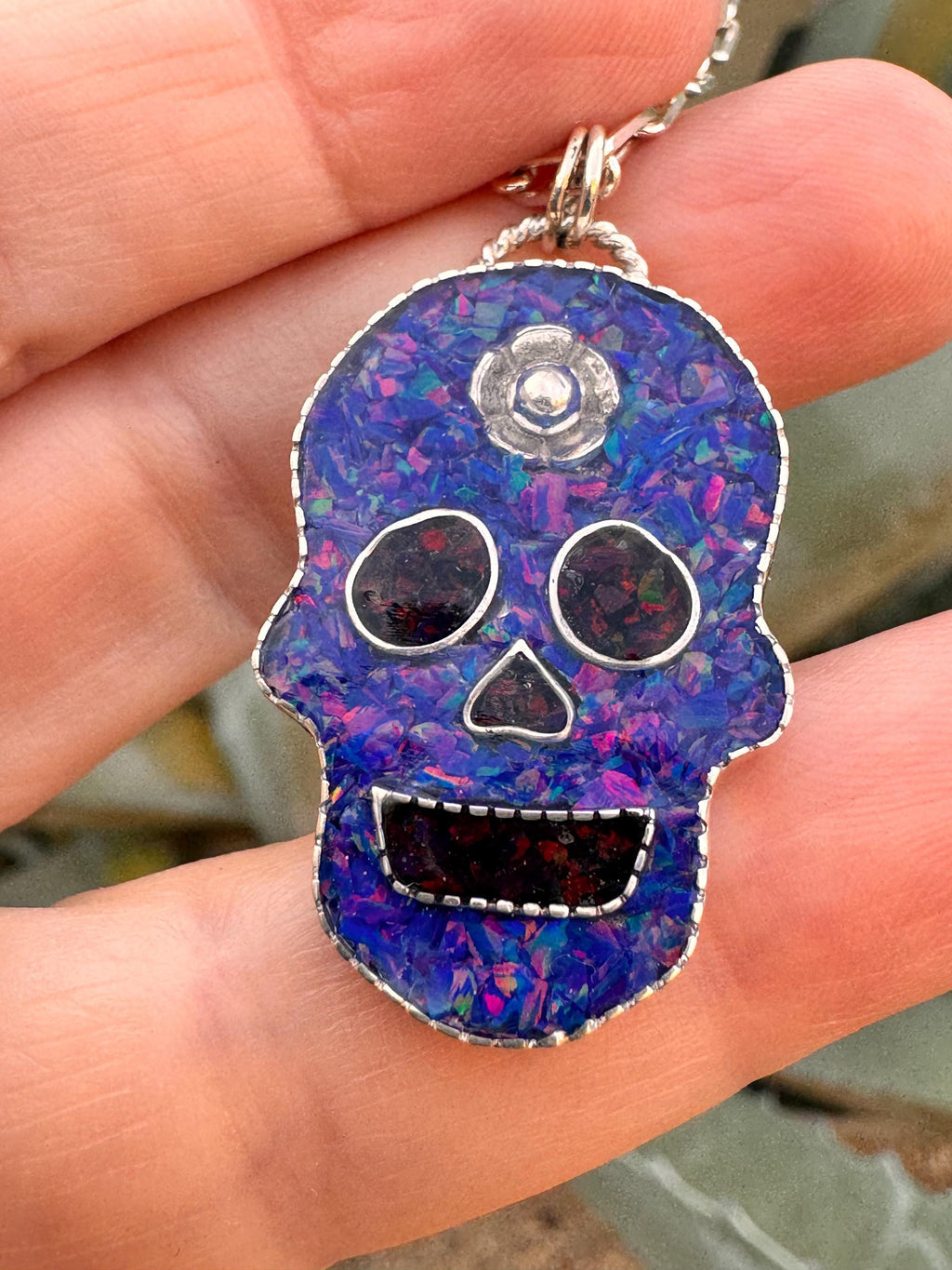 Crushed Opal Inlay Sugar Skull Necklace, Sterling Silver Jewelry- Boho Cowgirl, Boho Style, Rocker Pendant, Handmade, OOAK, Bold Necklace