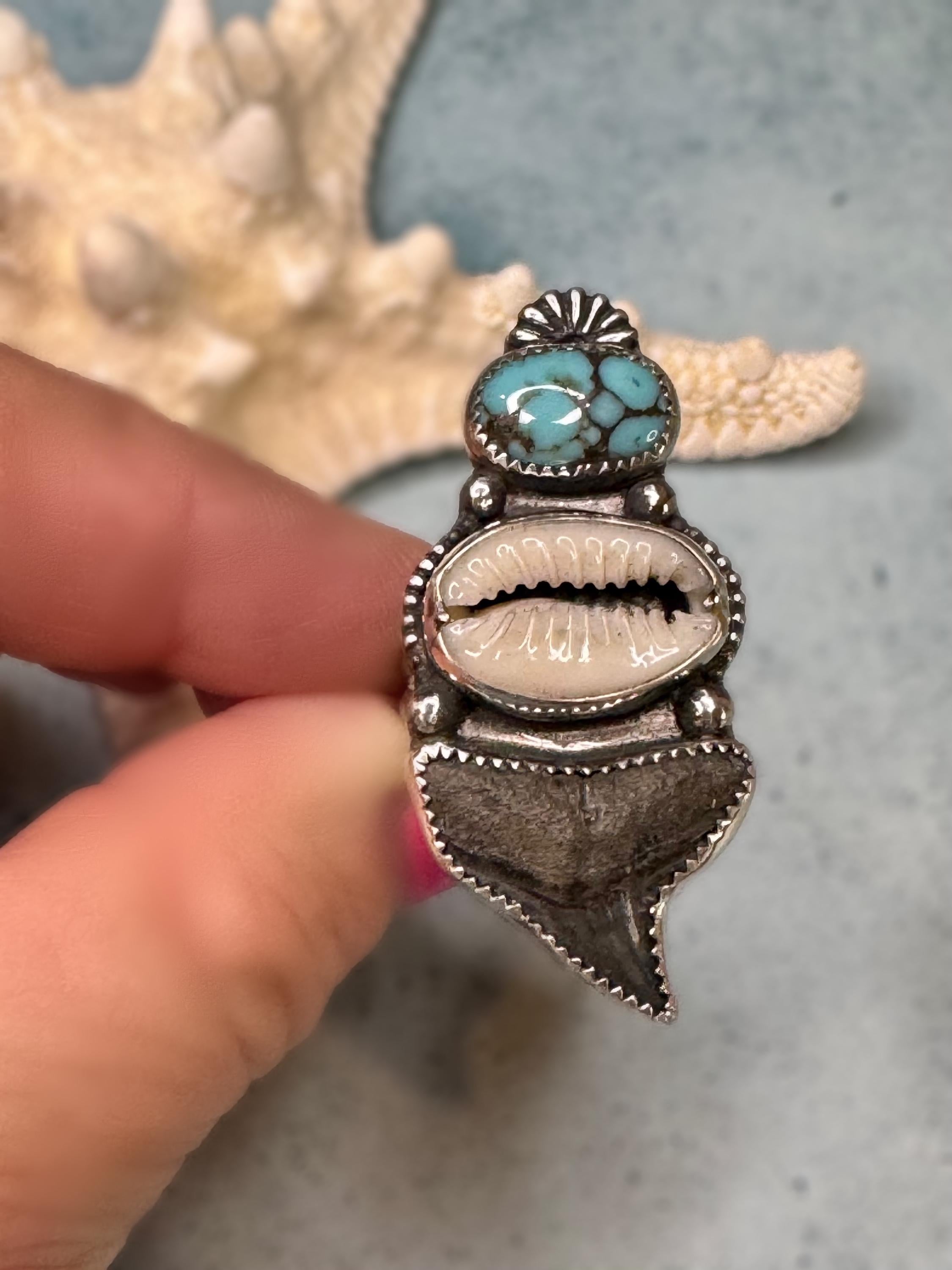 Original Shark Tooth, Rare Bisbee Turquoise & Cowrie Shell Statement Ring | Goddess Ring | Sterling Ring | Coastal Talisman | Size 7 3/4