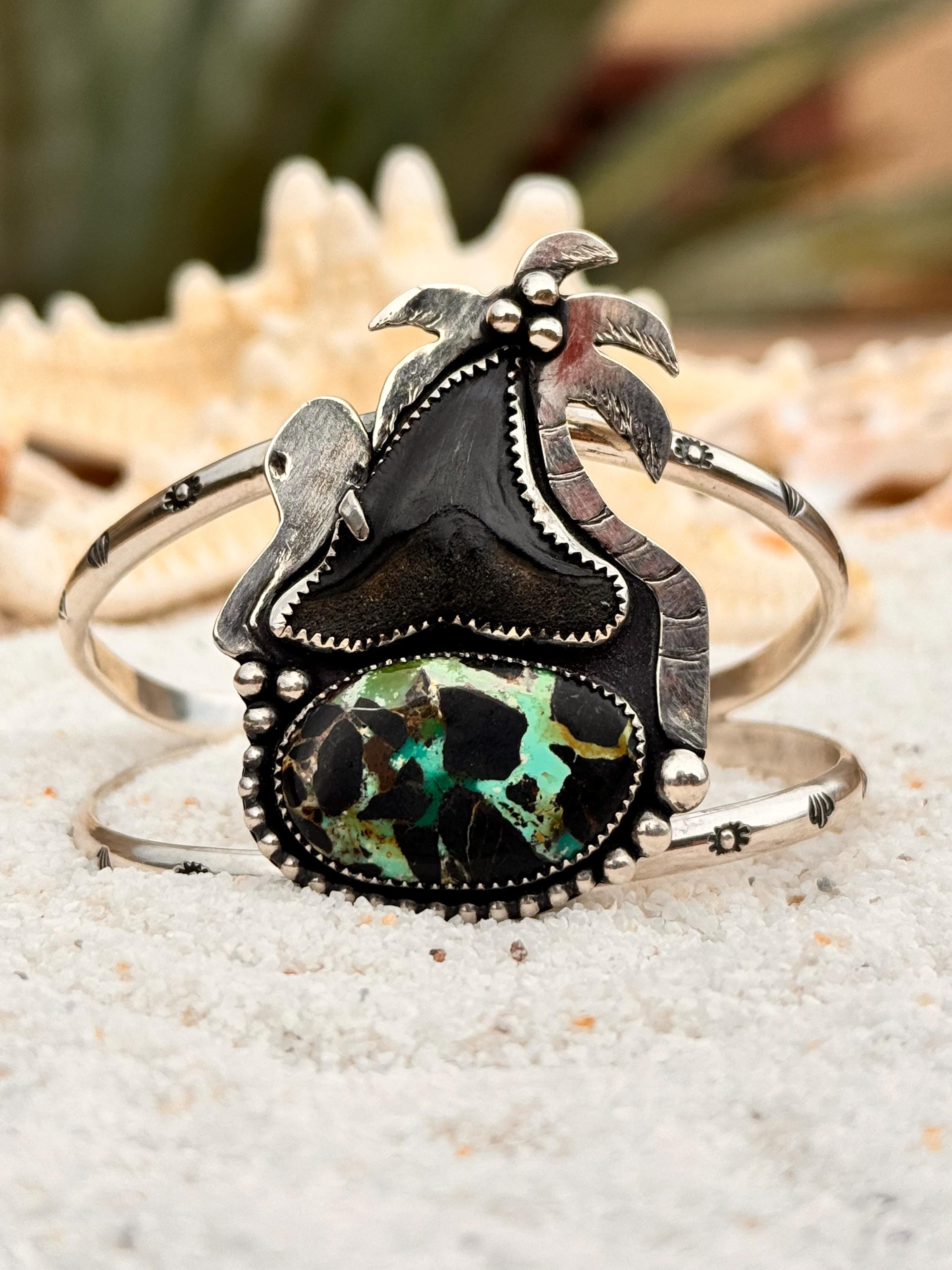 Turquoise & Shark Tooth Statement Cuff, Silver Bracelet, Fossil, Beach Inspired, Coastal Chic, Surfer, Octopus, Ocean Inspired, Palm Tree