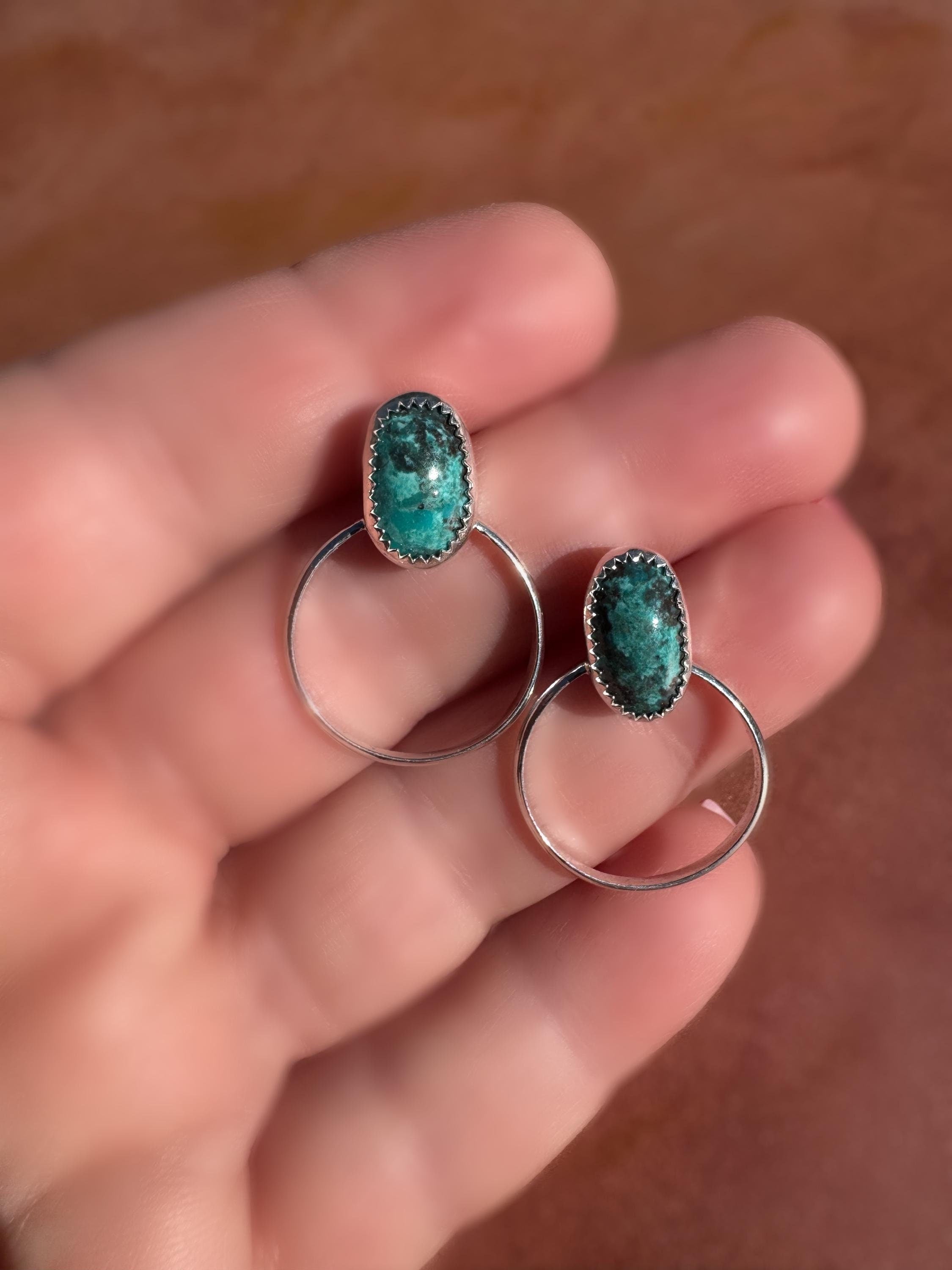Rare Smoky Bisbee Turquoise Hoop Earrings | Fine & Sterling Silver Post| Lightweight Statement Jewelry | One-of-a-Kind Boho Western Style