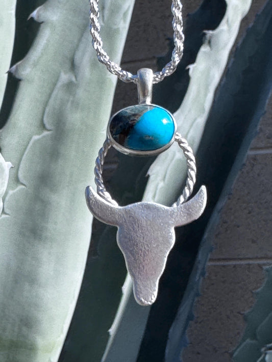 Bisbee Turquoise Steer Skull Pendant | Fine Silver Necklace with Organic Finish | Handmade Western Boho Jewelry | One-of-a-Kind