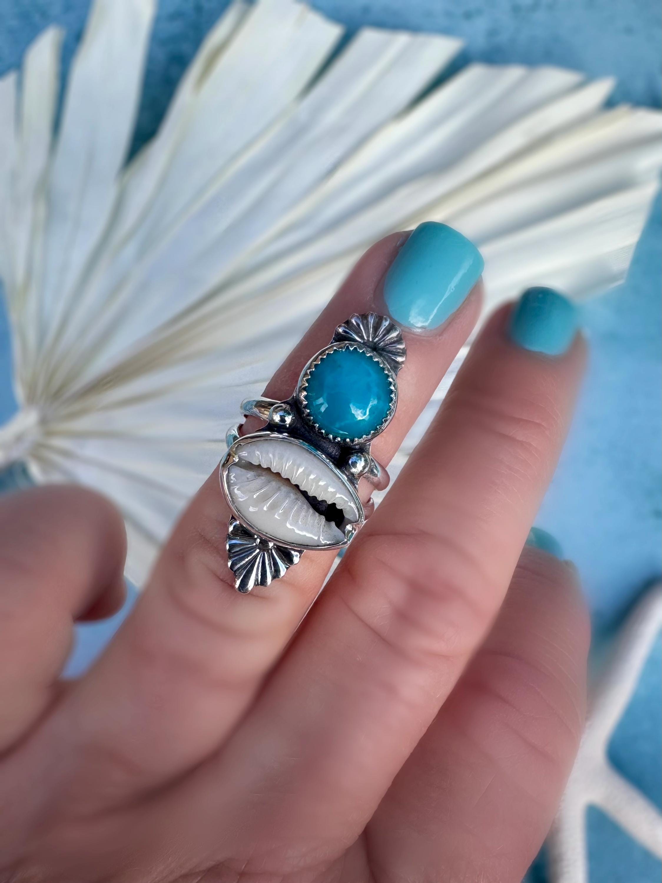 Original Rare Bisbee Turquoise & Cowrie Shell Statement Ring | Goddess Ring | Handmade Sterling Ring | Coastal Talisman | Size 6.5