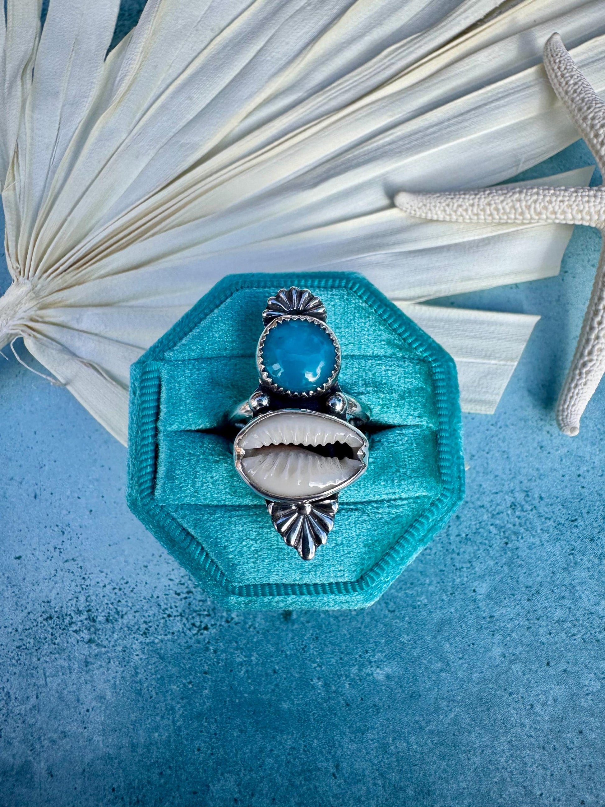 Original Rare Bisbee Turquoise & Cowrie Shell Statement Ring | Goddess Ring | Handmade Sterling Ring | Coastal Talisman | Size 6.5