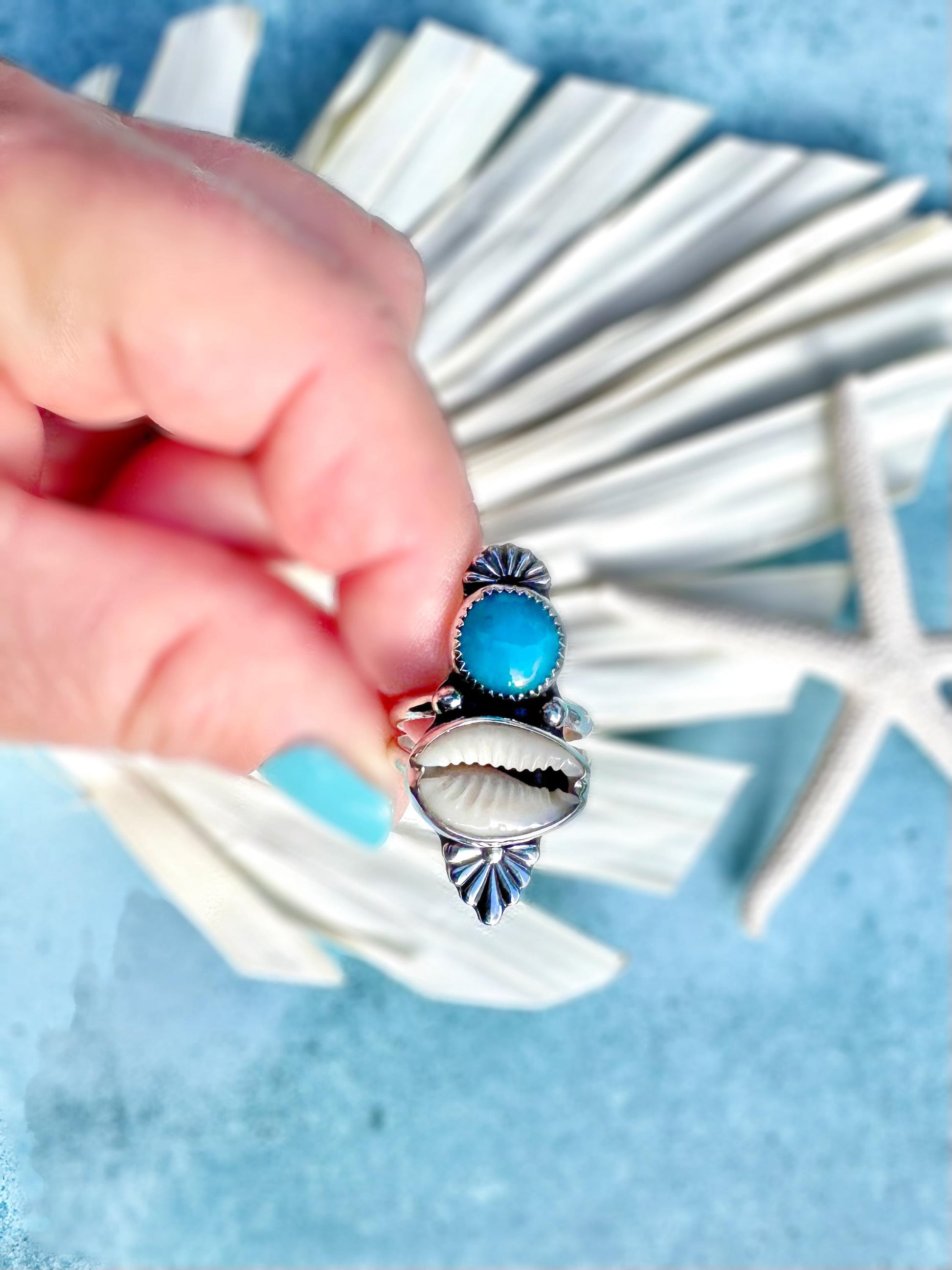 Original Rare Bisbee Turquoise & Cowrie Shell Statement Ring | Goddess Ring | Handmade Sterling Ring | Coastal Talisman | Size 6.5