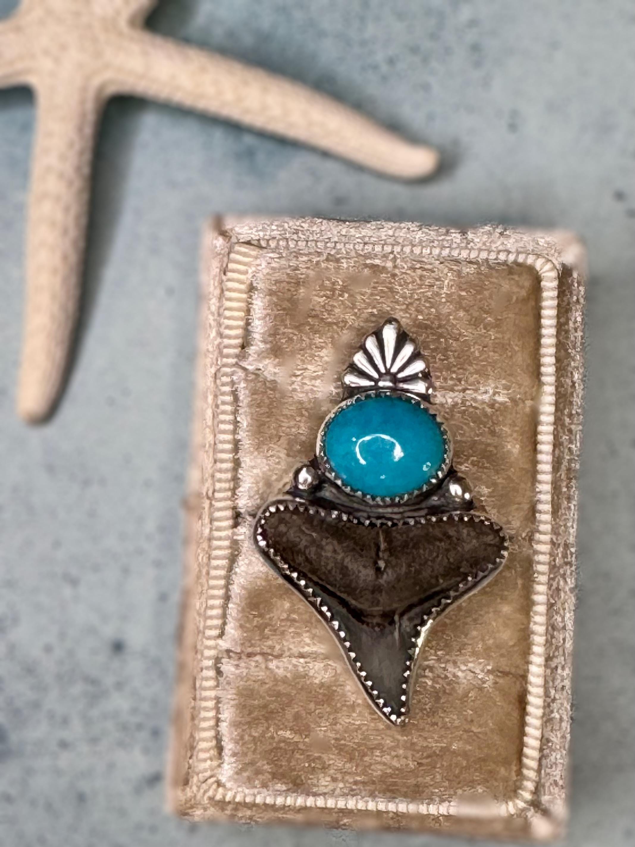 Original Shark Tooth & AZ Turquoise Statement Ring | Ocean Goddess Ring | Sterling Silver Ring | Coastal Talisman Jewelry | Size 8 1/2