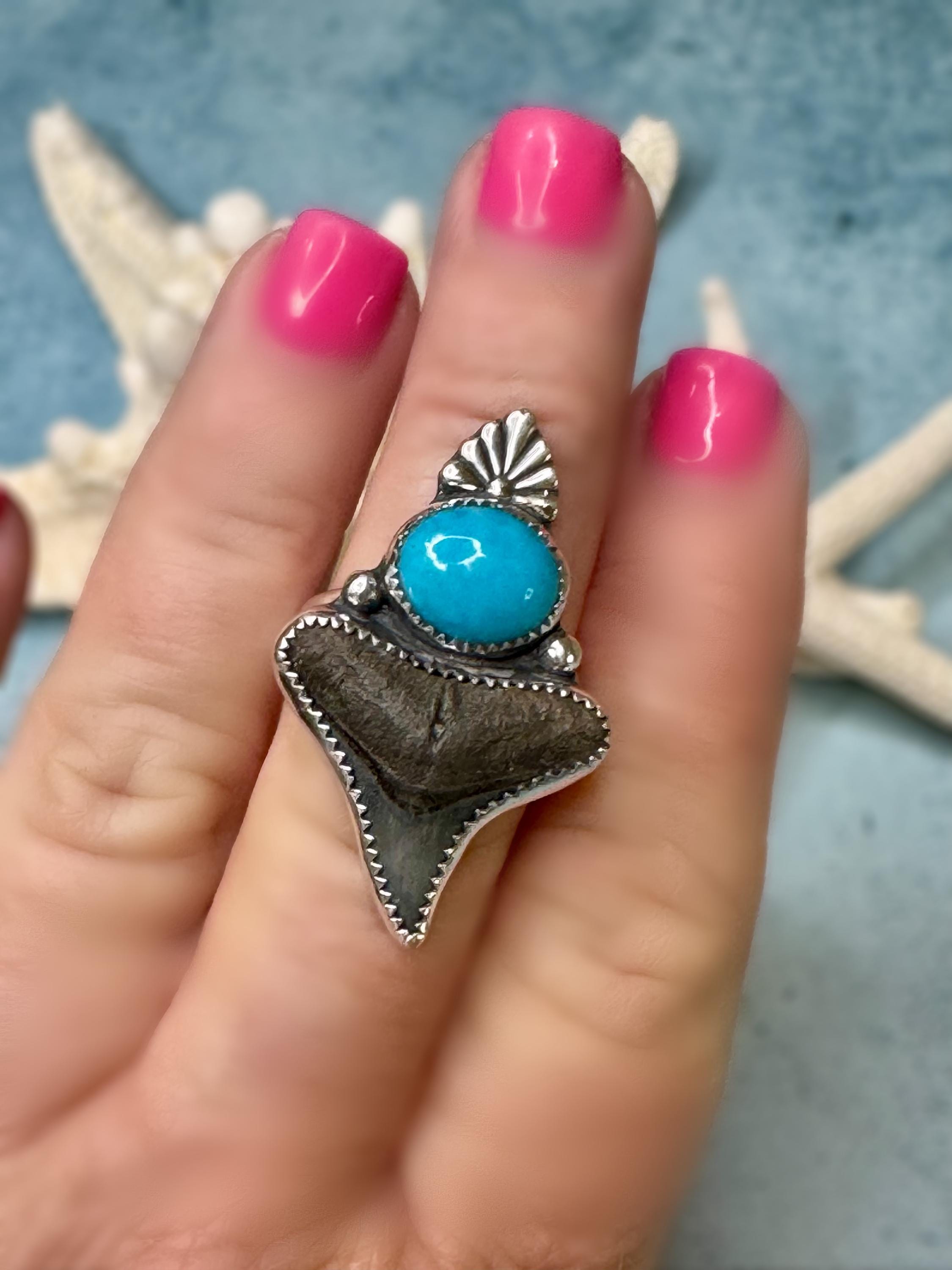 Original Shark Tooth & AZ Turquoise Statement Ring | Ocean Goddess Ring | Sterling Silver Ring | Coastal Talisman Jewelry | Size 8 1/2