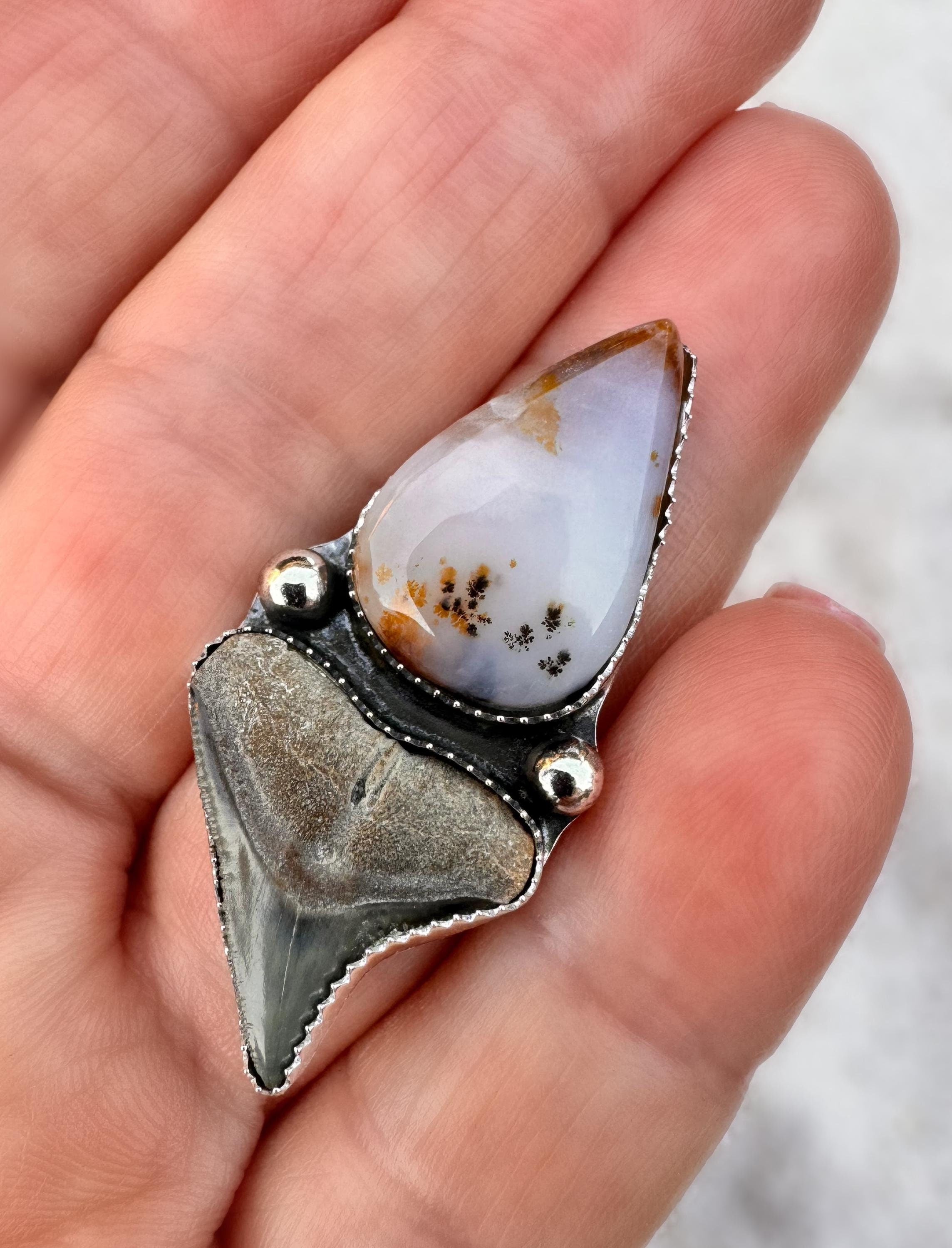 FINISHED TO SIZE Moss Agate and Fossilized Shark Tooth, Sterling Silver, One-of-a-Kind Boho Western Coastal Ring Pendant - Ring or Pendant.