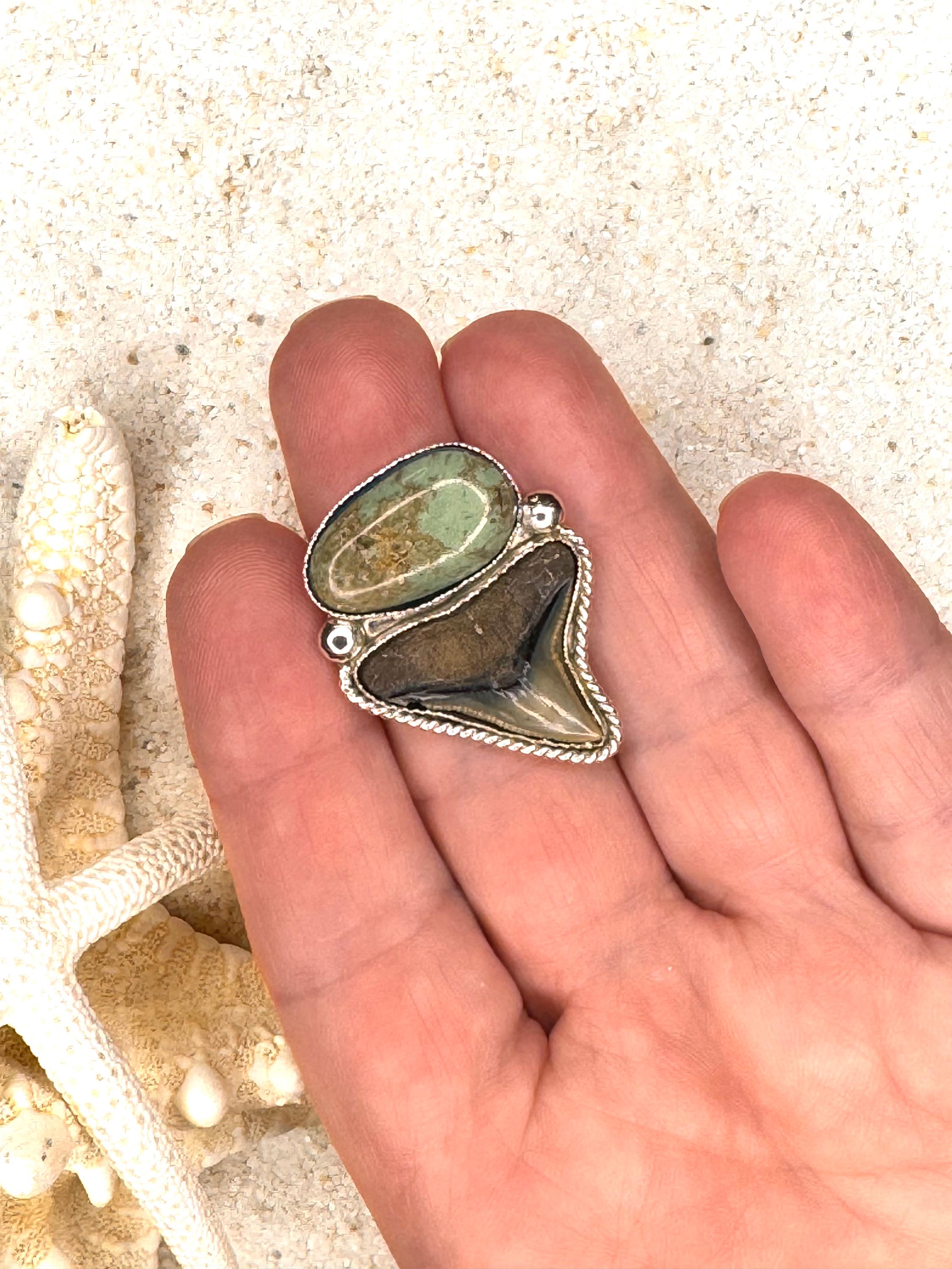 FINISHED TO SIZE Turquoise and Fossilized Shark Tooth, Sterling Silver, One-of-a-Kind Boho Western Coastal Ring or Pendant