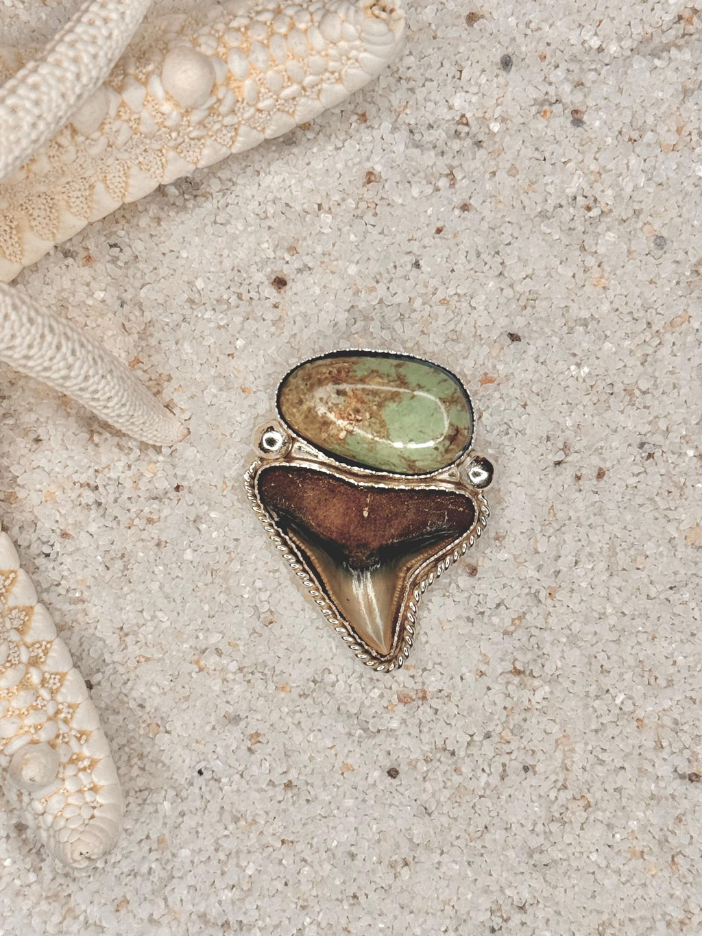 FINISHED TO SIZE Turquoise and Fossilized Shark Tooth, Sterling Silver, One-of-a-Kind Boho Western Coastal Ring or Pendant