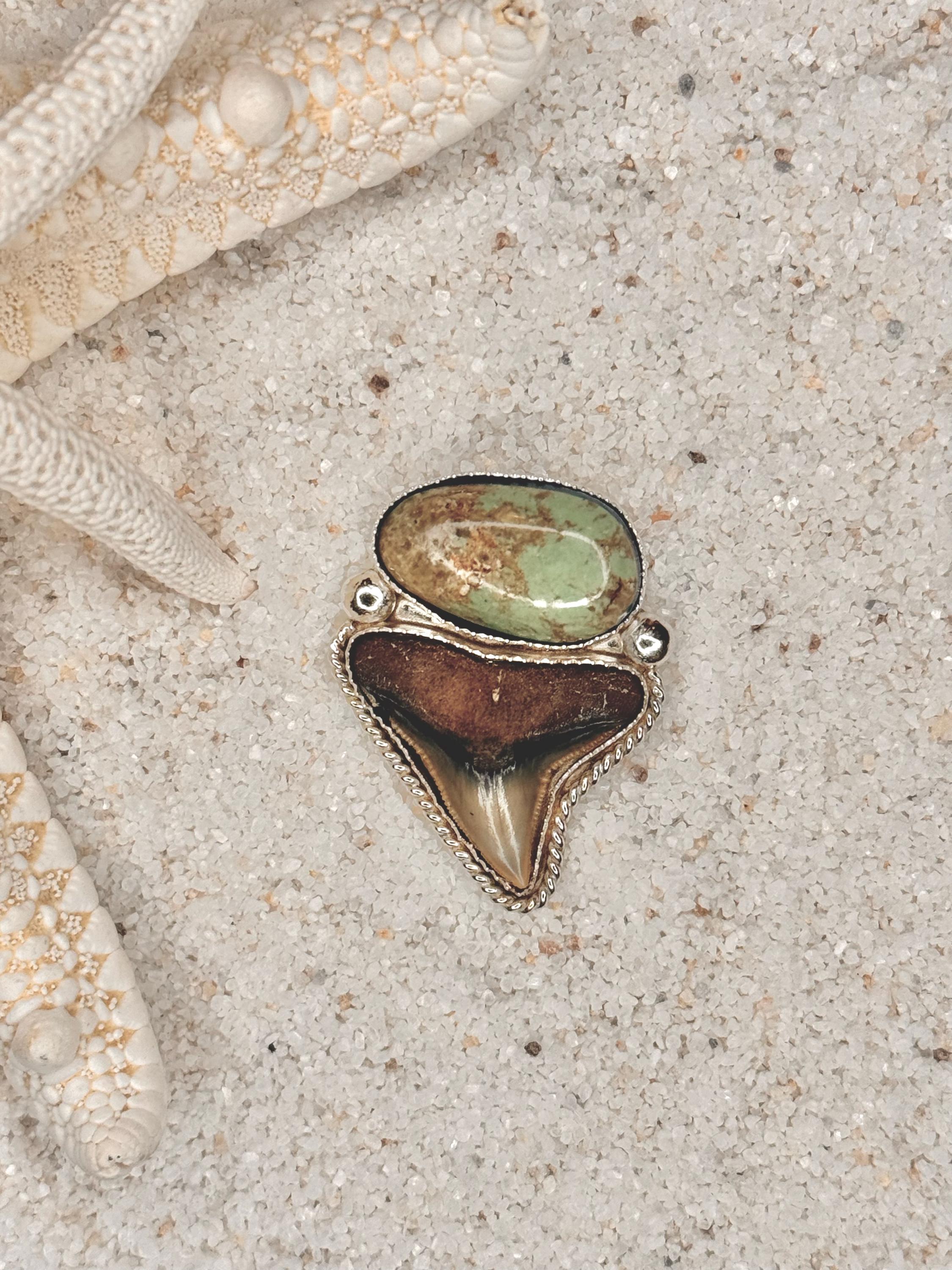 FINISHED TO SIZE Turquoise and Fossilized Shark Tooth, Sterling Silver, One-of-a-Kind Boho Western Coastal Ring or Pendant