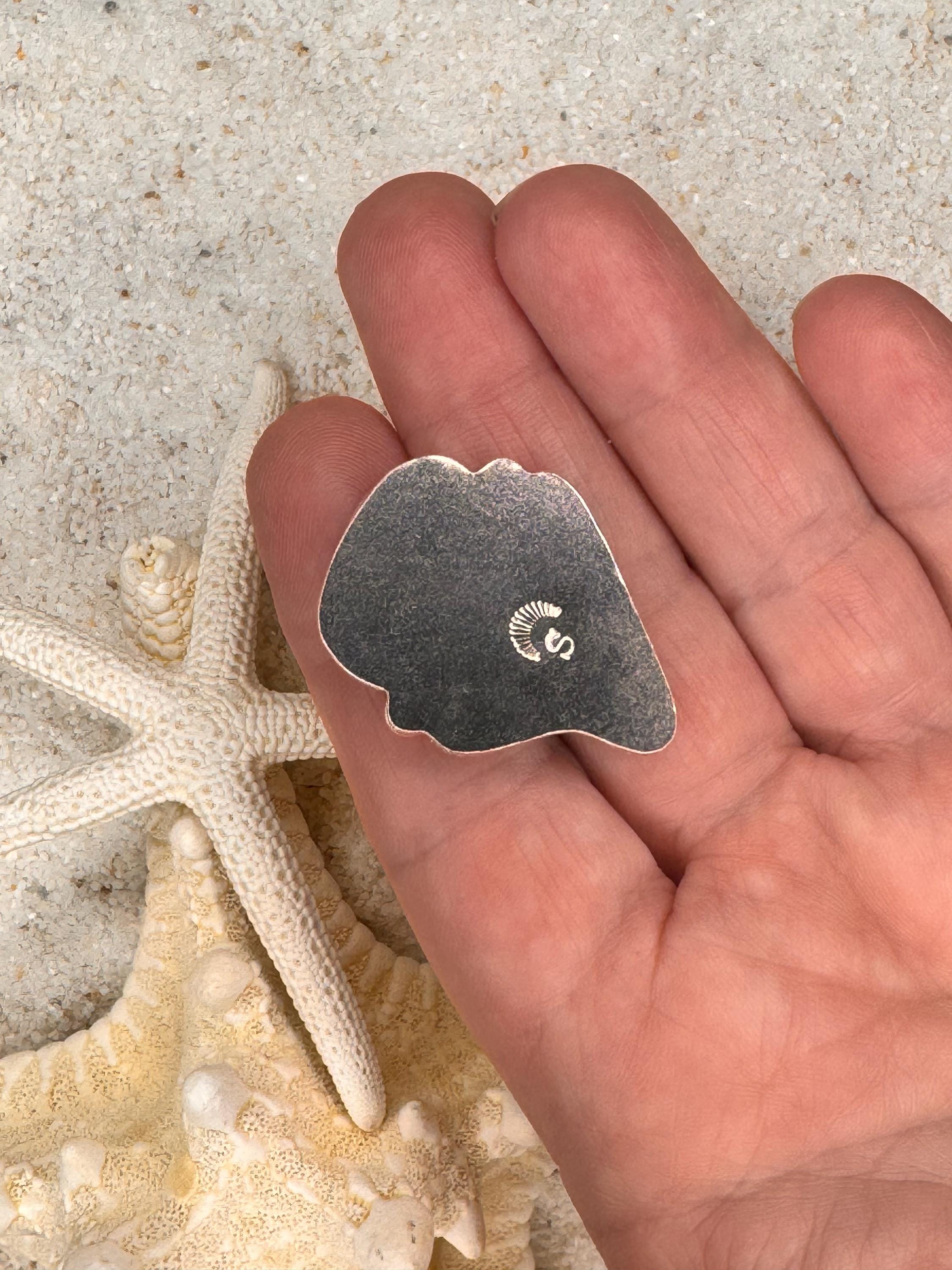 FINISHED TO SIZE Turquoise and Fossilized Shark Tooth, Sterling Silver, One-of-a-Kind Boho Western Coastal Ring or Pendant
