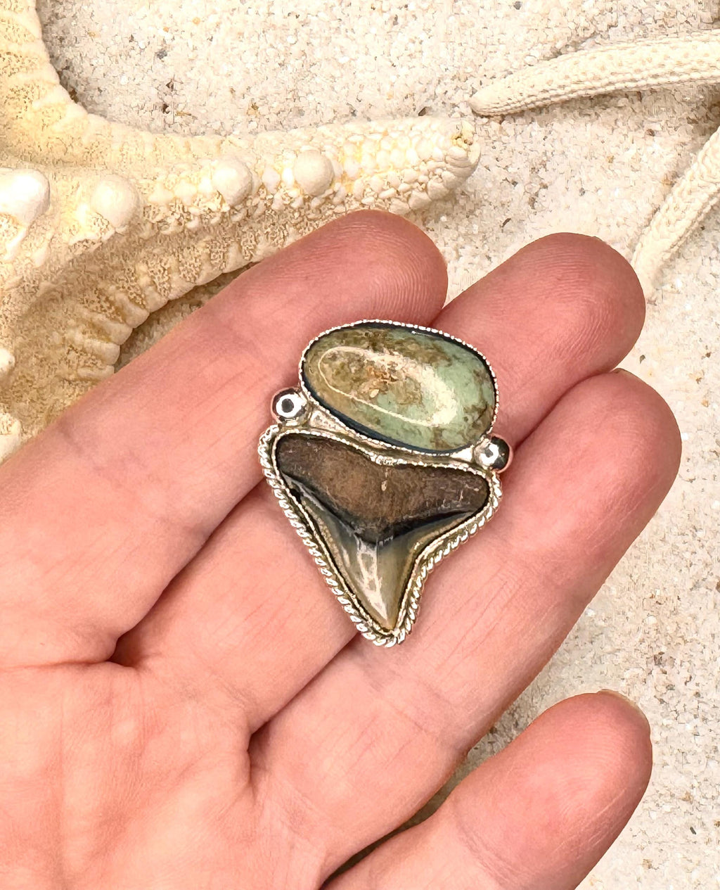 FINISHED TO SIZE Turquoise and Fossilized Shark Tooth, Sterling Silver, One-of-a-Kind Boho Western Coastal Ring or Pendant