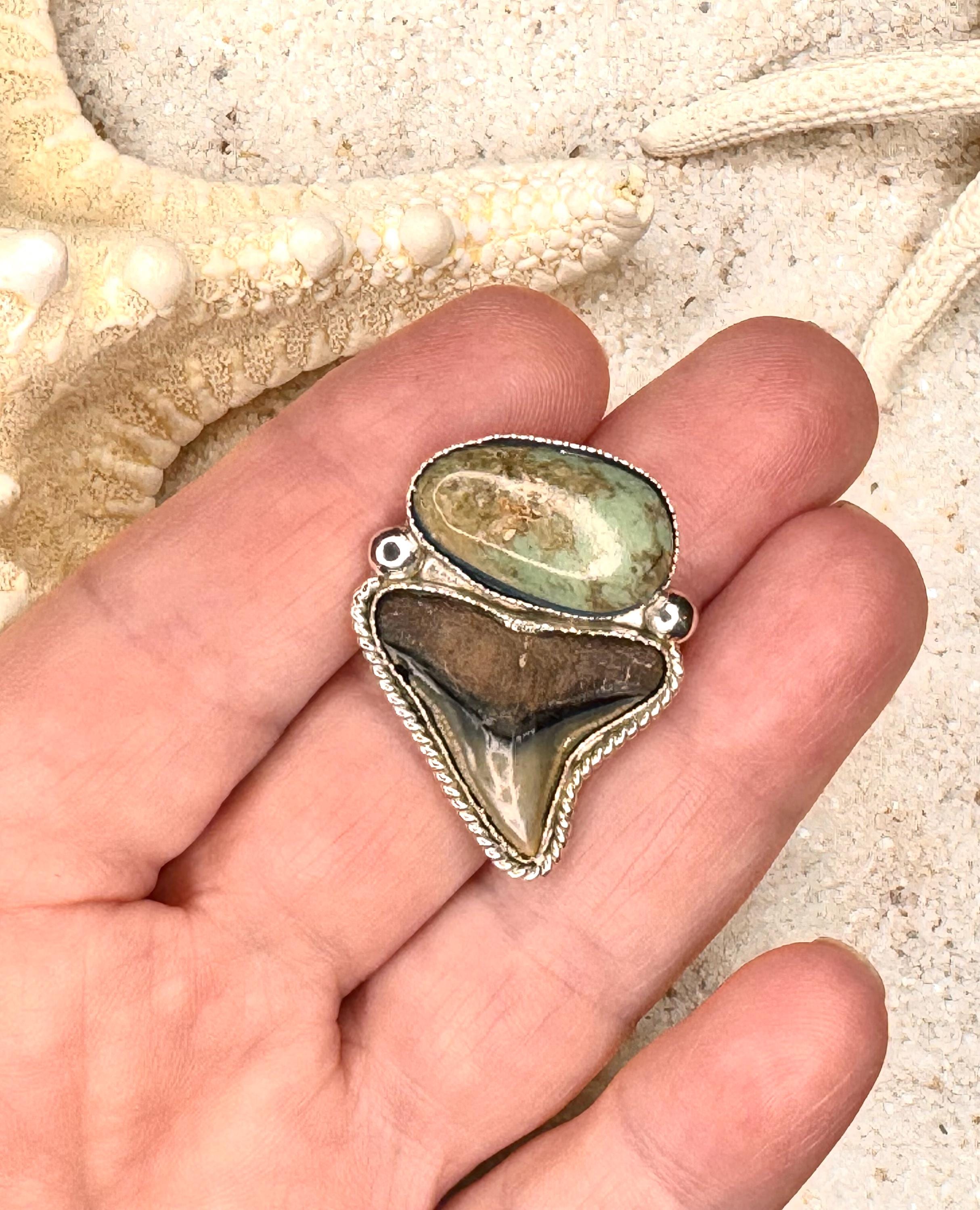 FINISHED TO SIZE Turquoise and Fossilized Shark Tooth, Sterling Silver, One-of-a-Kind Boho Western Coastal Ring or Pendant