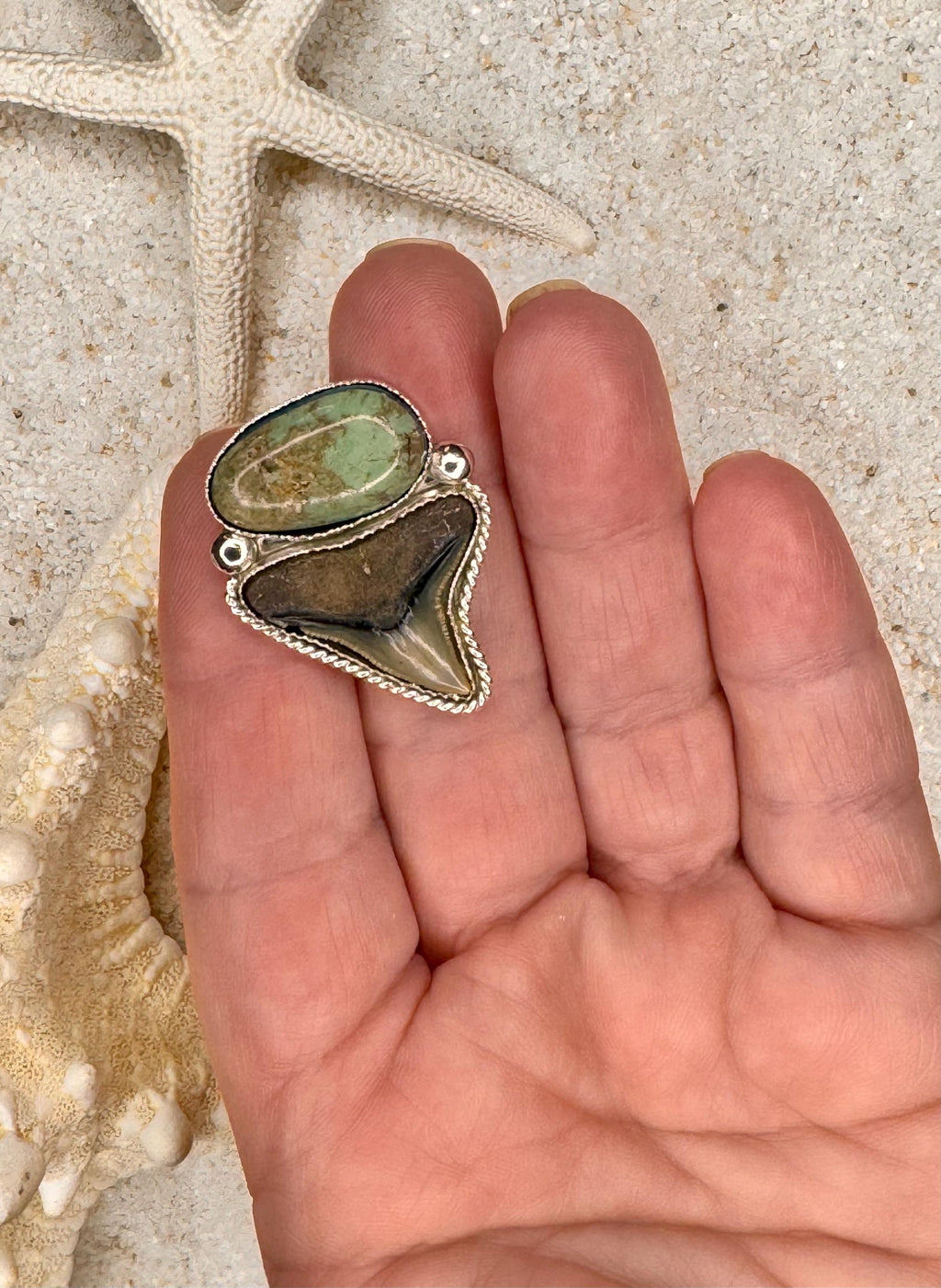 FINISHED TO SIZE Turquoise and Fossilized Shark Tooth, Sterling Silver, One-of-a-Kind Boho Western Coastal Ring or Pendant