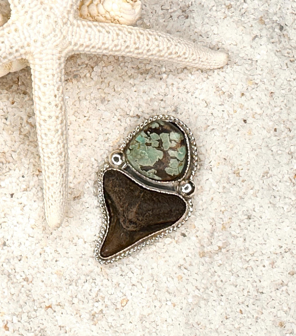 FINISHED TO SIZE Turquoise and Fossilized Shark Tooth, Sterling Silver, One-of-a-Kind Boho Western Coastal Ring Pendant - Ring or Pendant.